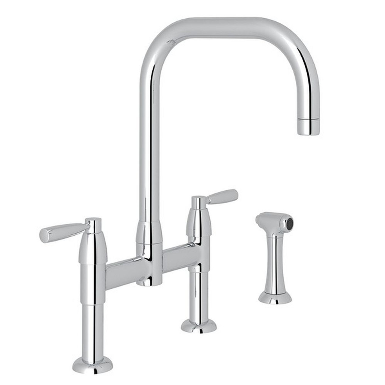 Holborn U-Spout Bridge Kitchen Faucet With Sidespray In Polished Nickel