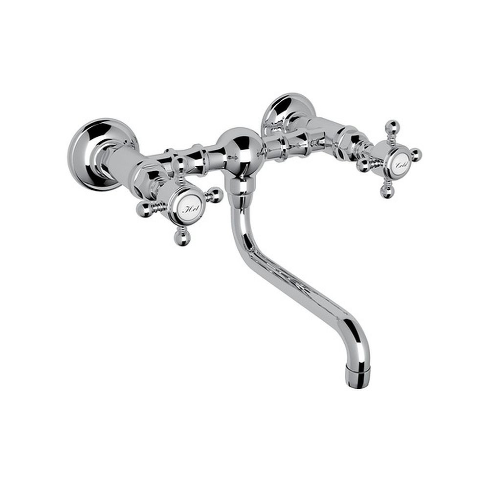 Wall Mount Bridge Lavatory Faucet with Crystal Cross Handles and Low Swinging Spout in Polished Chrome