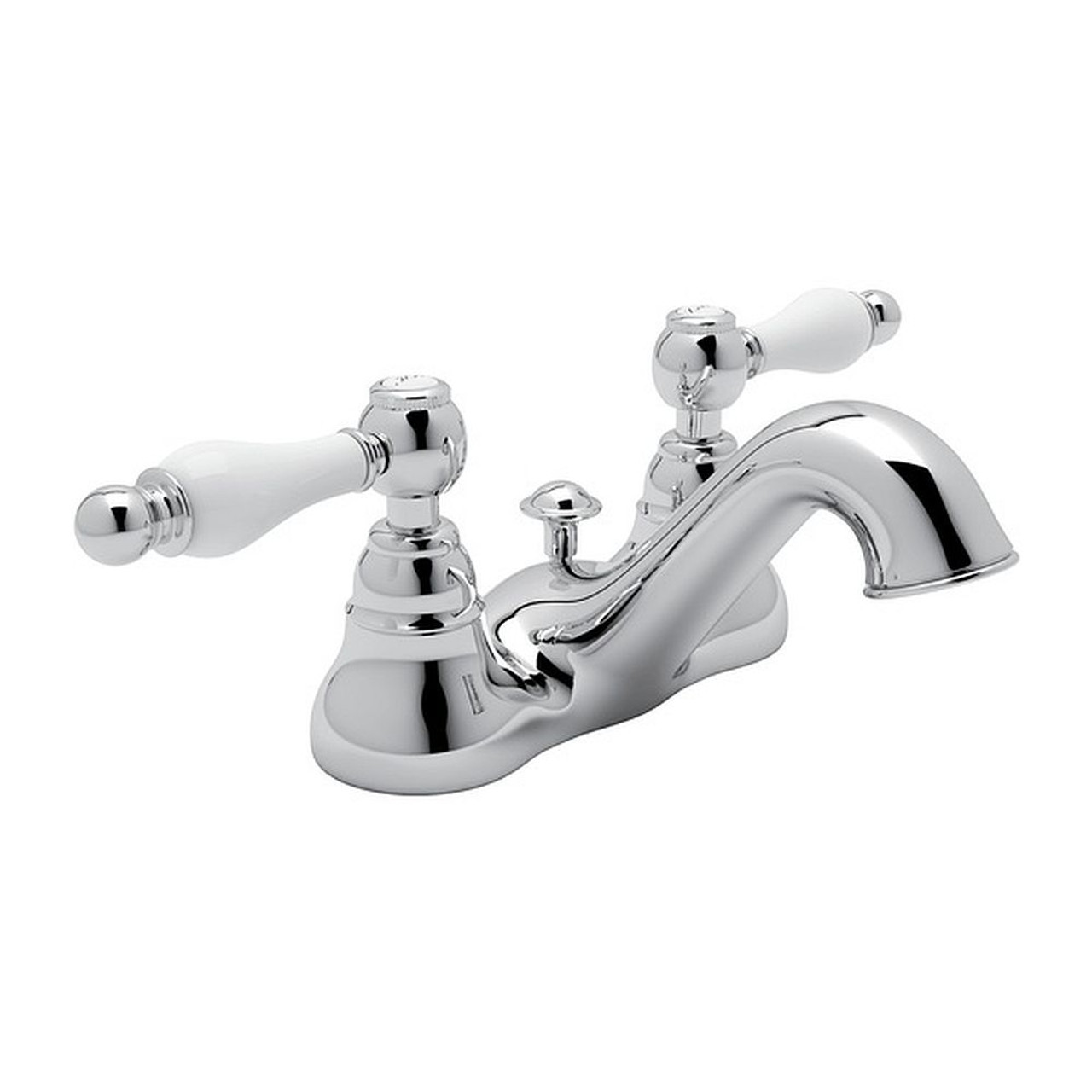 4" Centerset Lavatory Faucet with Ornate White Porcelain Levers and Pop-Up in Polished Chrome