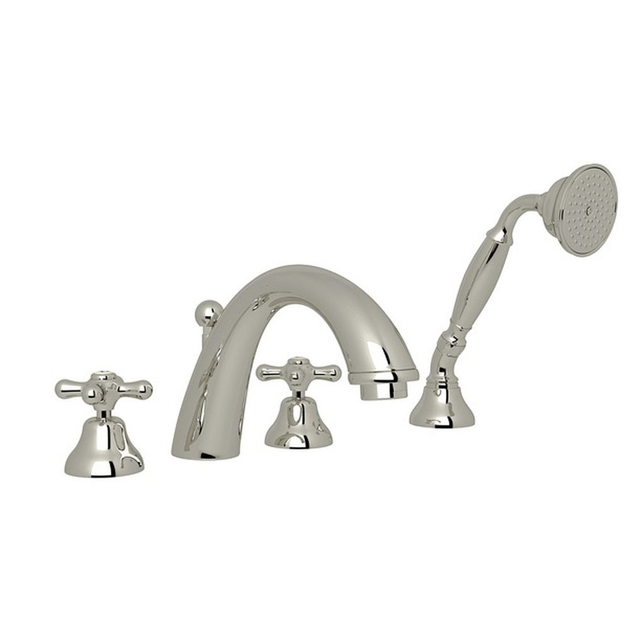 4-Hole Deck Mount C-Spout Tub Filler with Cross Handles and Handshower in Polished Nickel