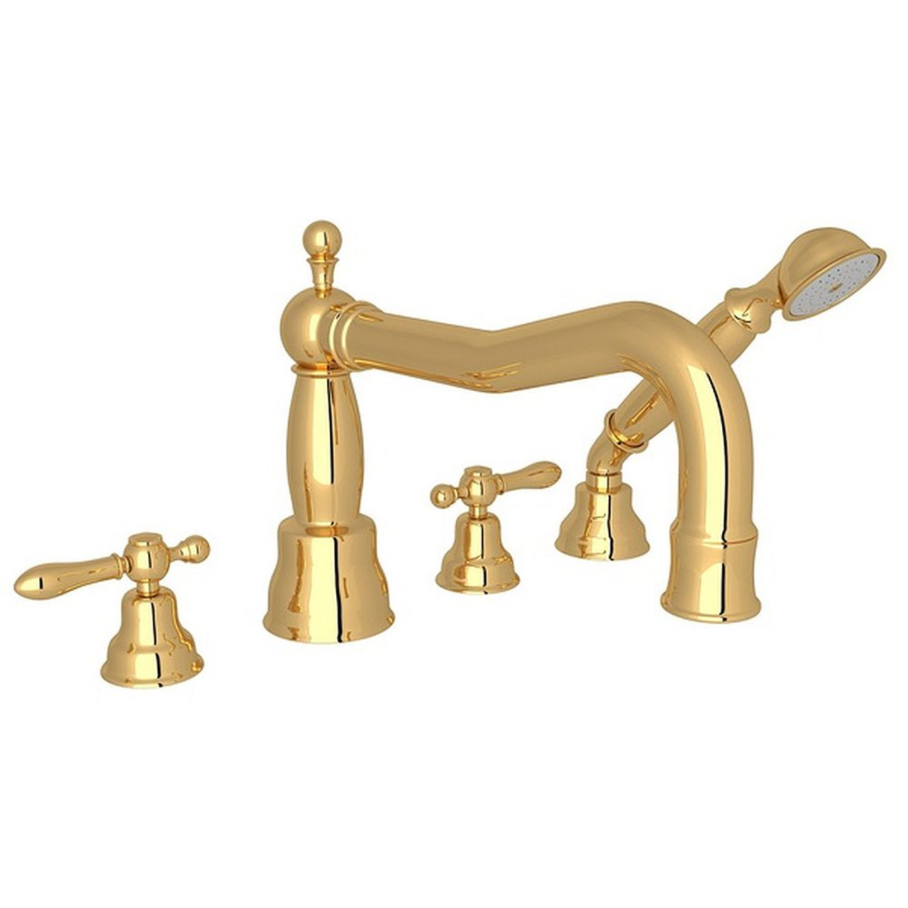 Column Spout 4-Hole Deck Mount Tub Filler with Classic Metal Lever and Handshower in Italian Brass