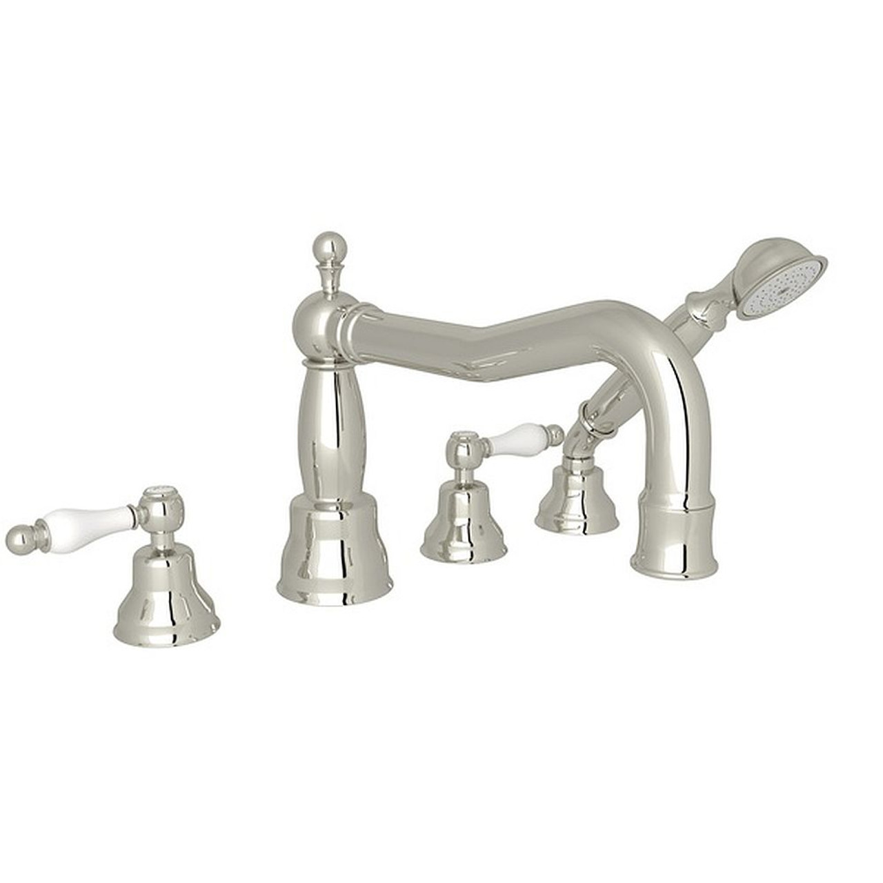 Column Spout 4-Hole Deck Mount Tub Filler with Ornate White Porcelain Lever and Handshower in Polished Nickel