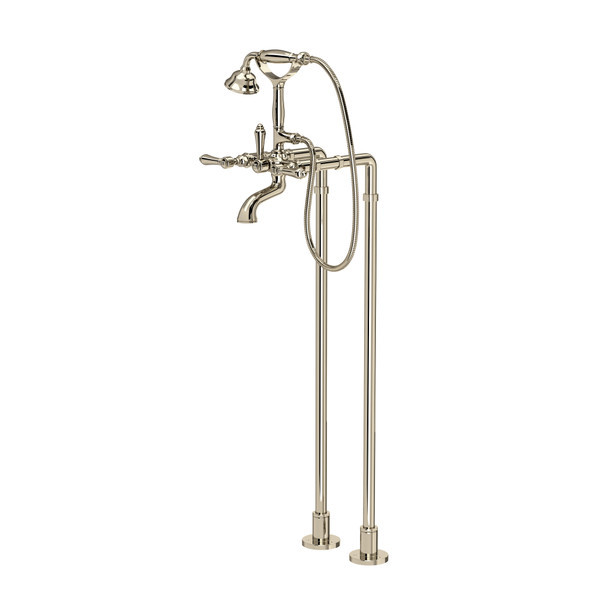 Rohl AKIT1401NLMPN Exposed Floor Mount Tub Filler with Handshower and Floor Pillar Legs or Supply Unions with Metal Lever Handle, Polished Nickel