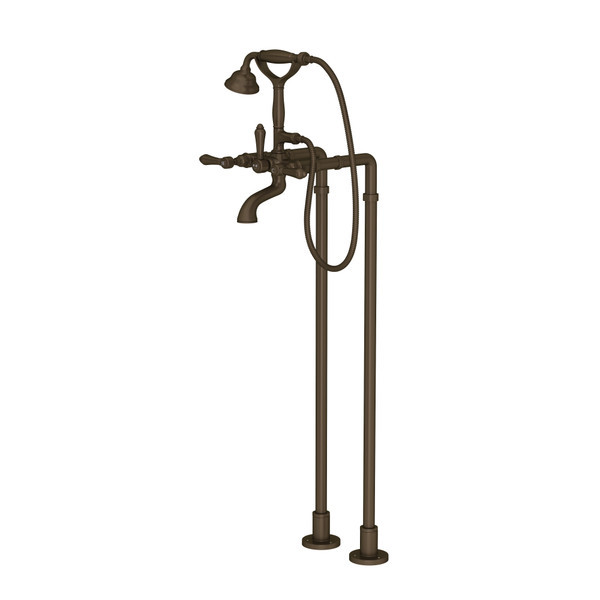 Rohl AKIT1401NLMTCB Exposed Floor Mount Tub Filler with Handshower and Floor Pillar Legs or Supply Unions with Metal Lever Handle, Tuscan Brass