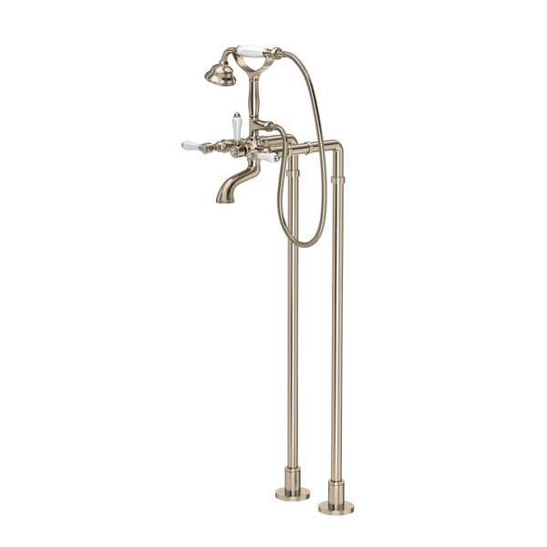 Rohl AKIT1401NLPSTN Exposed Floor Mount Tub Filler with Handshower and Floor Pillar Legs or Supply Unions with White Porcelain Lever Handle, Satin Nickel
