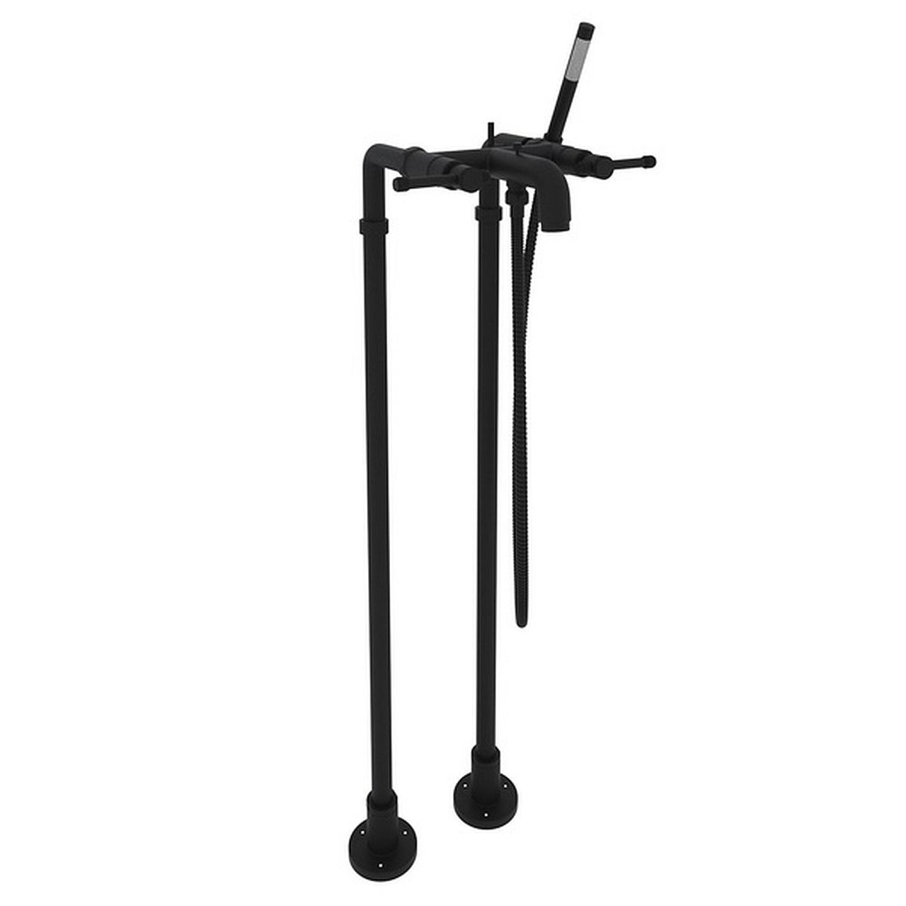 Exposed Floor Mount Tub Filler with Industrial Metal Levers Handshower and Floor Pillar Legs or Supply Unions in Matte Black