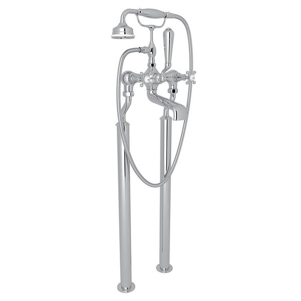 Exposed Floor Mount Tub Filler with Cross Handle Handshower in Polished Chrome