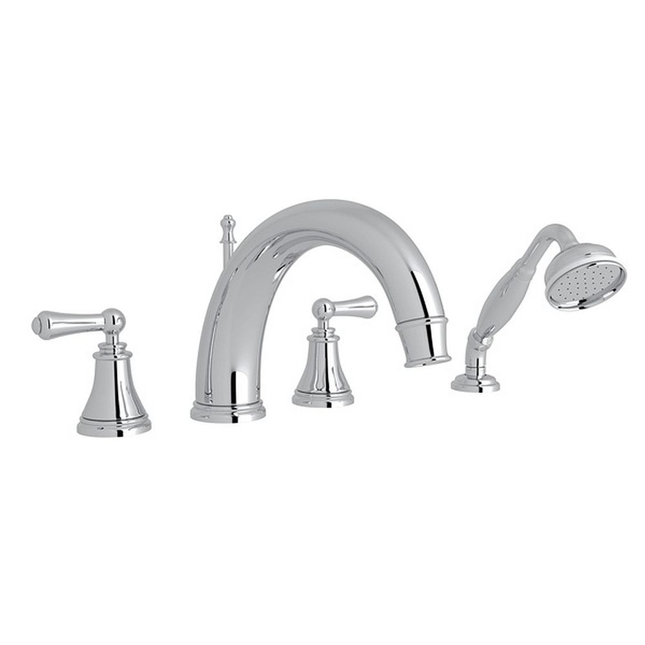 4-Hole Deck Mount C-Spout Tub Filler with Solid Metal Lever Handshower in Polished Chrome 4-Hole Deck Mount C-Spout Tub Filler with Solid Metal Lever Handshower in Polished Chrome