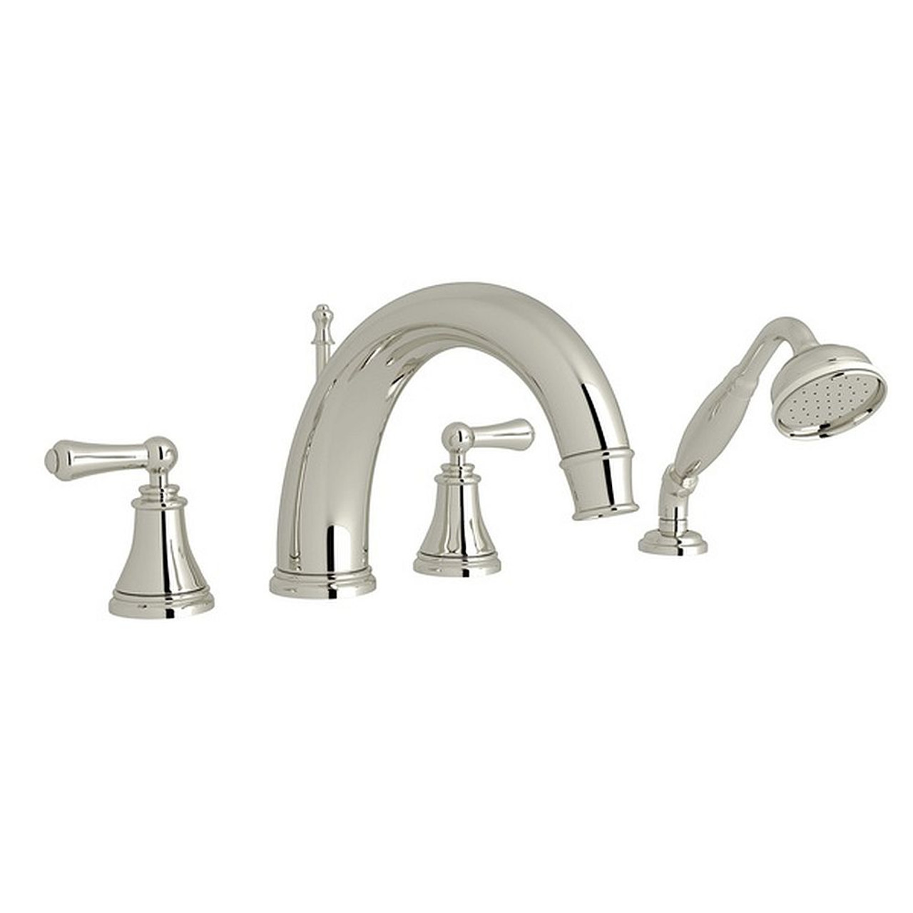 4-Hole Deck Mount C-Spout Tub Filler with Solid Metal Lever Handshower in Polished Nickel 4-Hole Deck Mount C-Spout Tub Filler with Solid Metal Lever Handshower in Polished Nickel