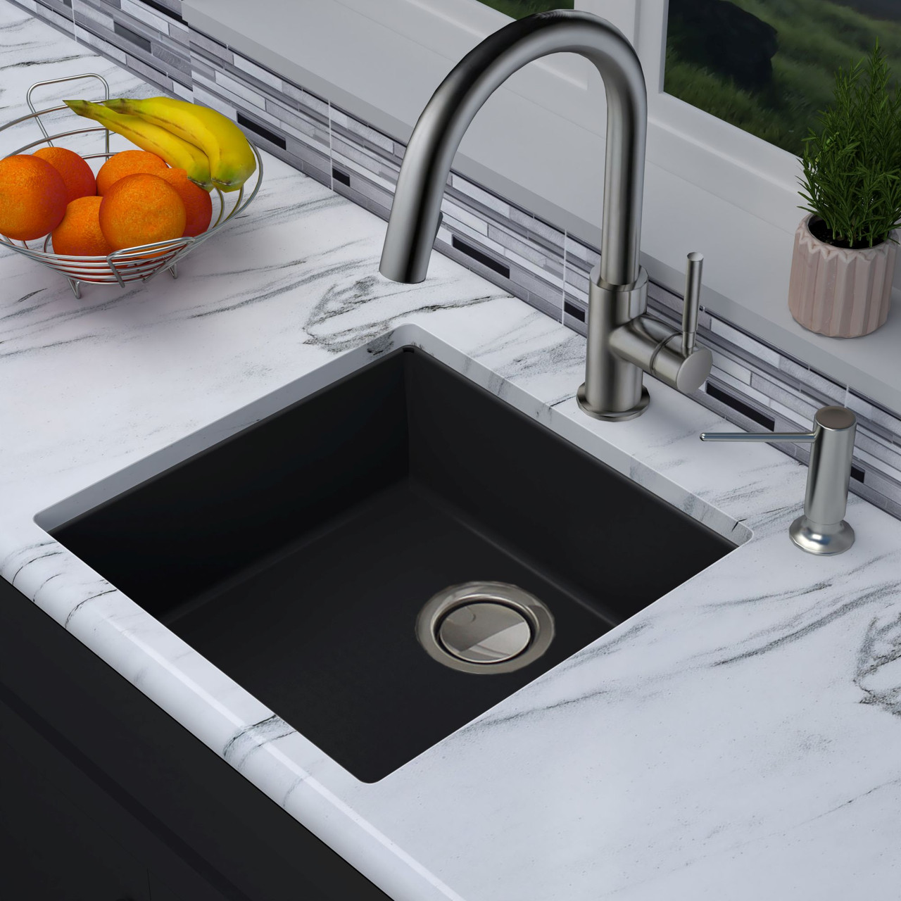 18-in x 18-in x 8-in silQ Granite Kitchen Sink with Single Bowl, Integral, Drop-in, Undermount Installation, with 0 Holes, In Espresso