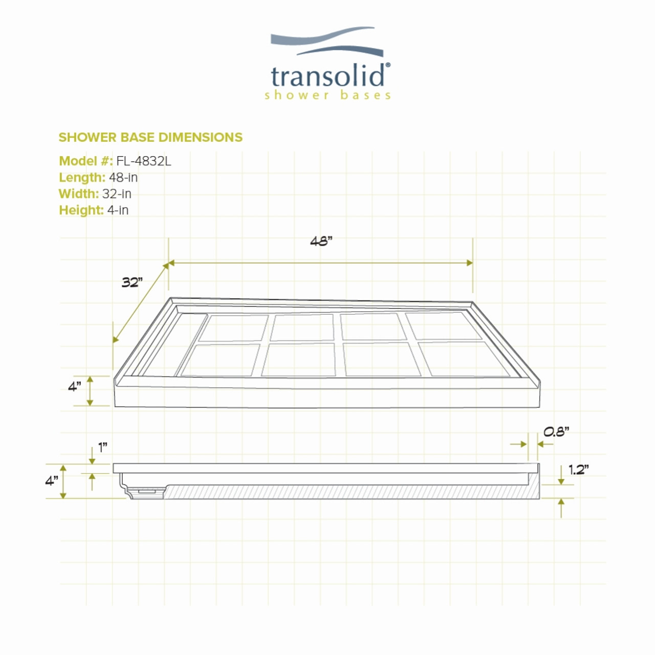 Transolid FL4832L-31 FL-Series Linear 48-in x 32-in Rectangular Alcove Shower Base with Left Hand Drain in White