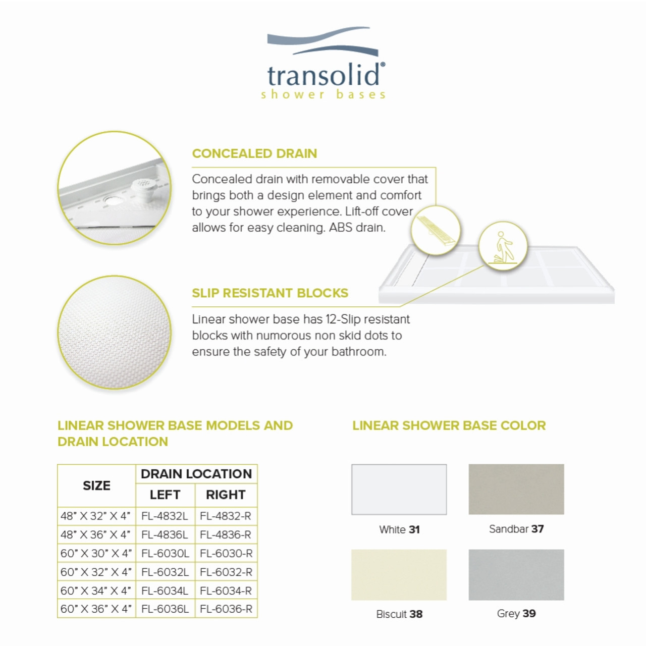 Transolid FL4832L-31 FL-Series Linear 48-in x 32-in Rectangular Alcove Shower Base with Left Hand Drain in White