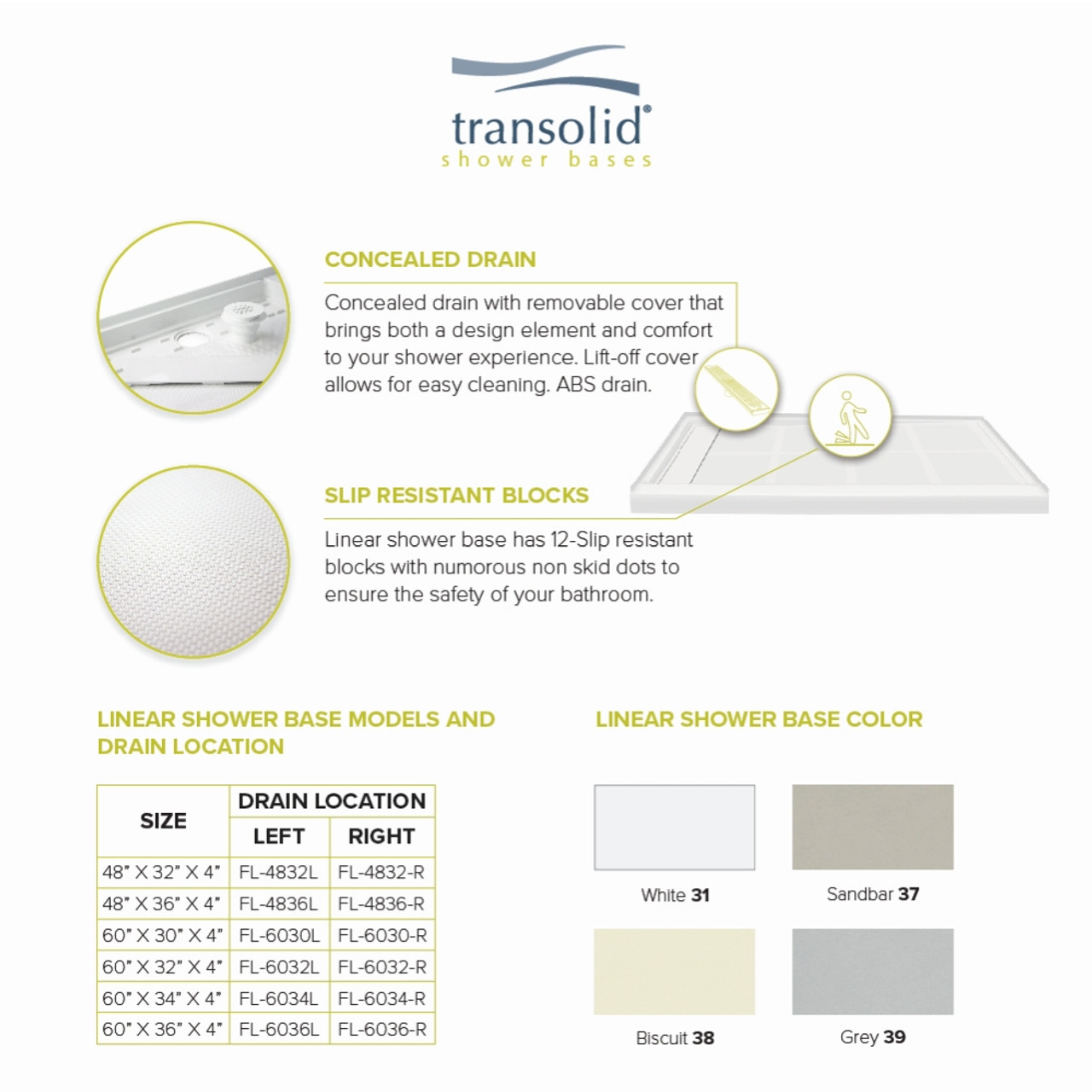Transolid Linear FL6034R-31 60-in x 34-in Rectangular Alcove Shower Base with Right Hand Drain in White