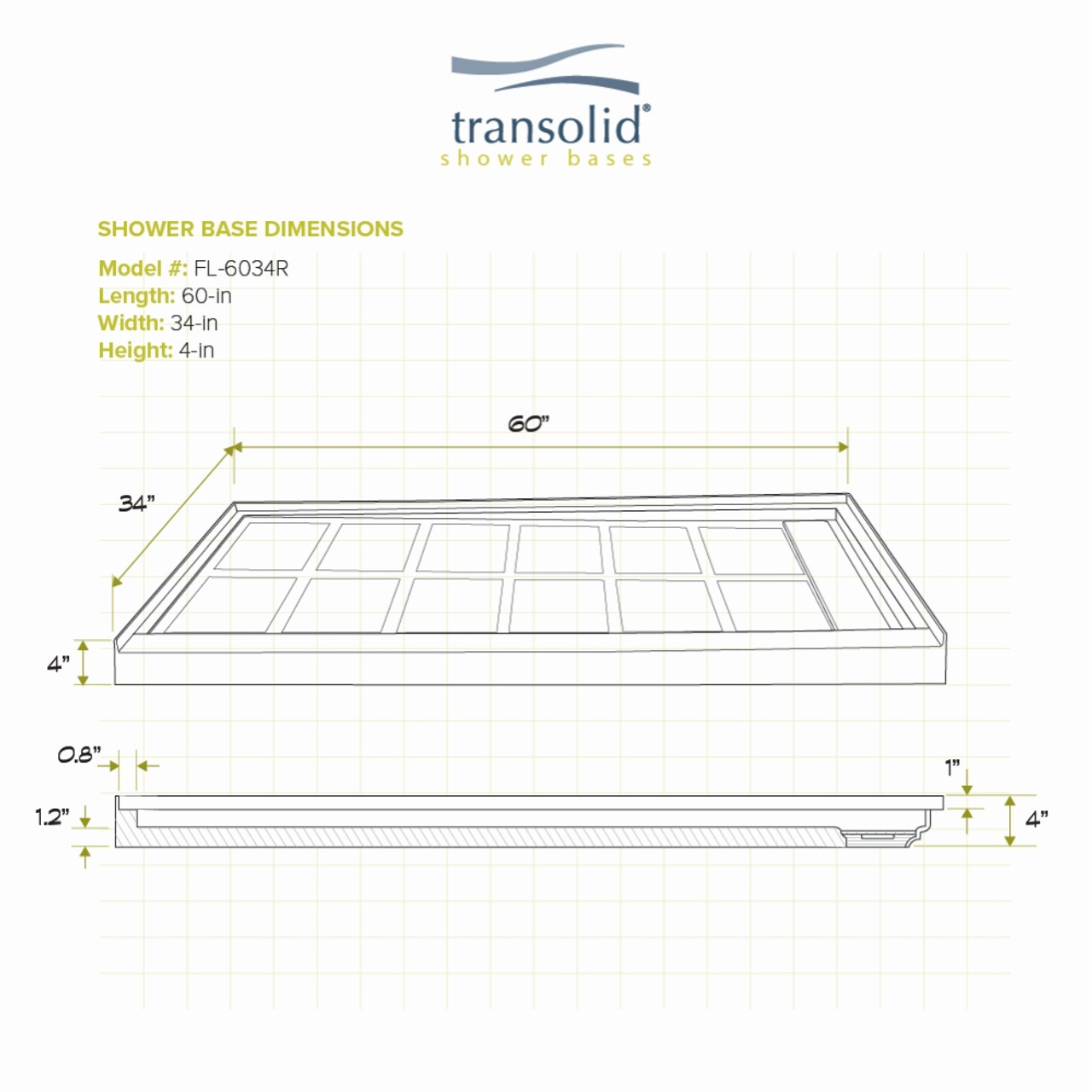 Transolid Linear 60" x 34" Single Threshold Right Hand Concealed End Drain Shower Base In Grey