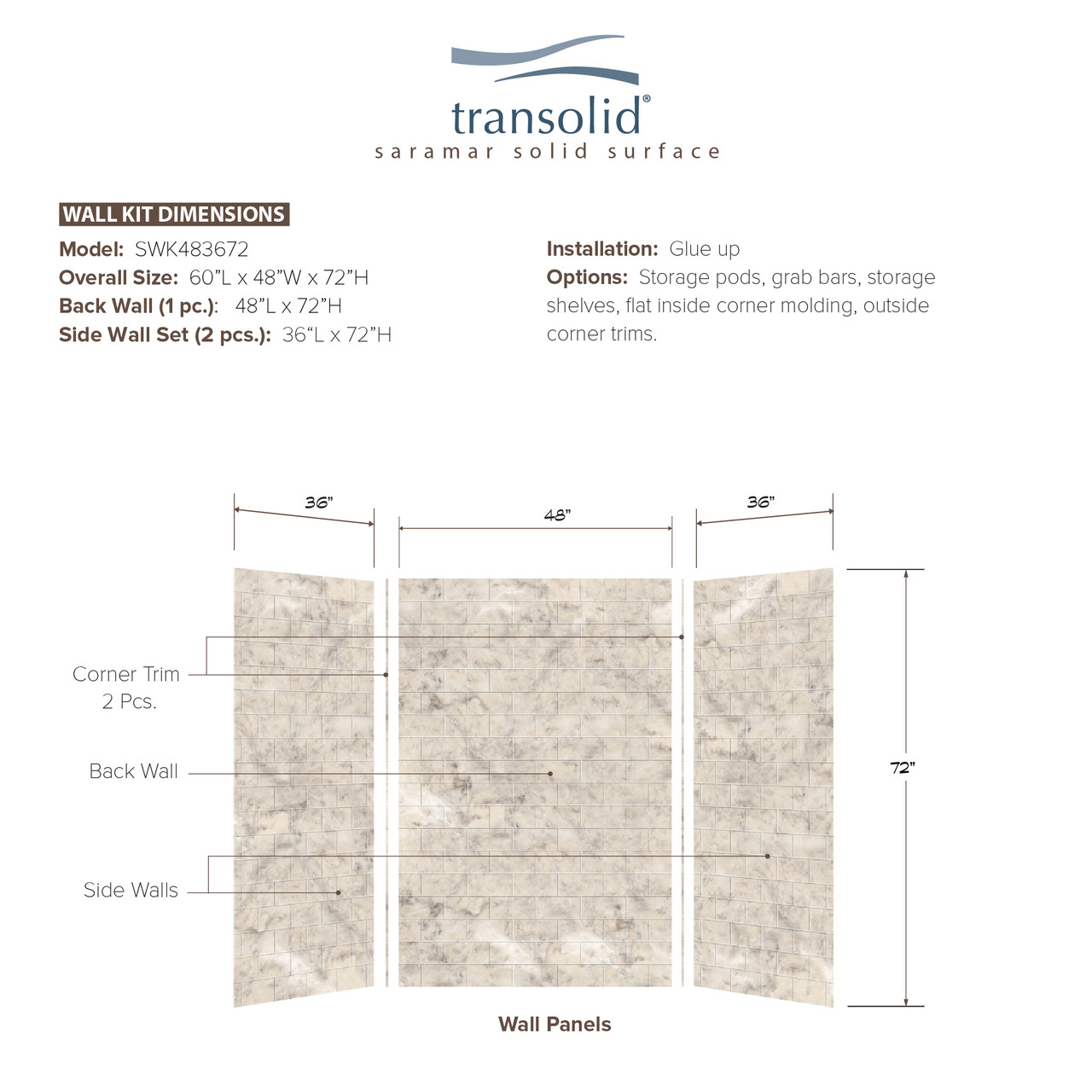36-In X 48-In X 72-In 3-Piece Shower Wall Trimmable Kit, In Sand Creme