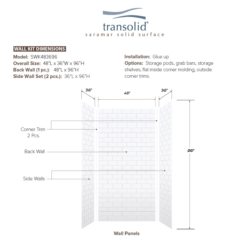 36-In X 48-In X 96-In 3-Piece Shower Wall Trimmable Kit, In White