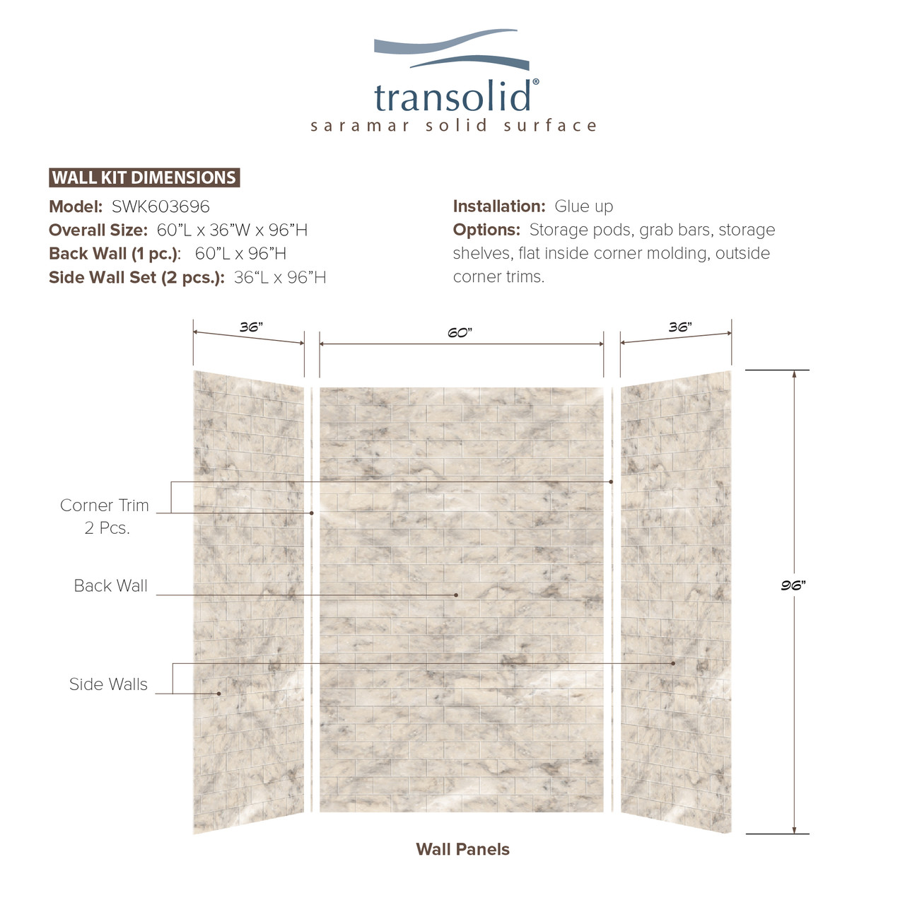Transolid SWK603696-49 SaraMar 36-In X 60-In X 96-In 3-Piece Shower Wall Trimmable Kit, In Sand Creme