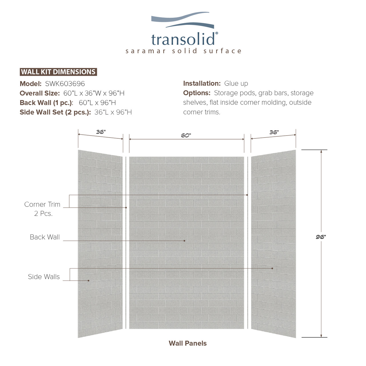 Transolid SWK603696-27 SaraMar 36-In X 60-In X 96-In 3-Piece Shower Wall Trimmable Kit, In Grey Beach