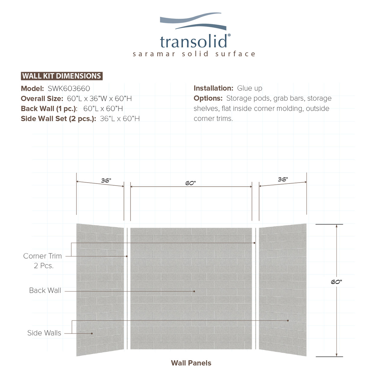 36-In X 60-In X 60-In 3-Piece Tub Wall Kit, In Grey Beach