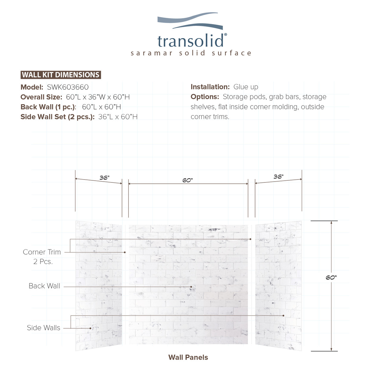 36-In X 60-In X 60-In 3-Piece Tub Wall Kit, In White Venito