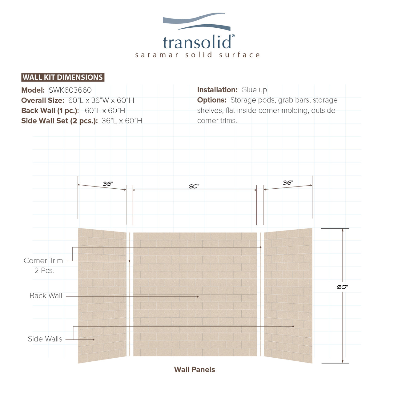 36-In X 60-In X 60-In 3-Piece Tub Wall Kit, In Cashew