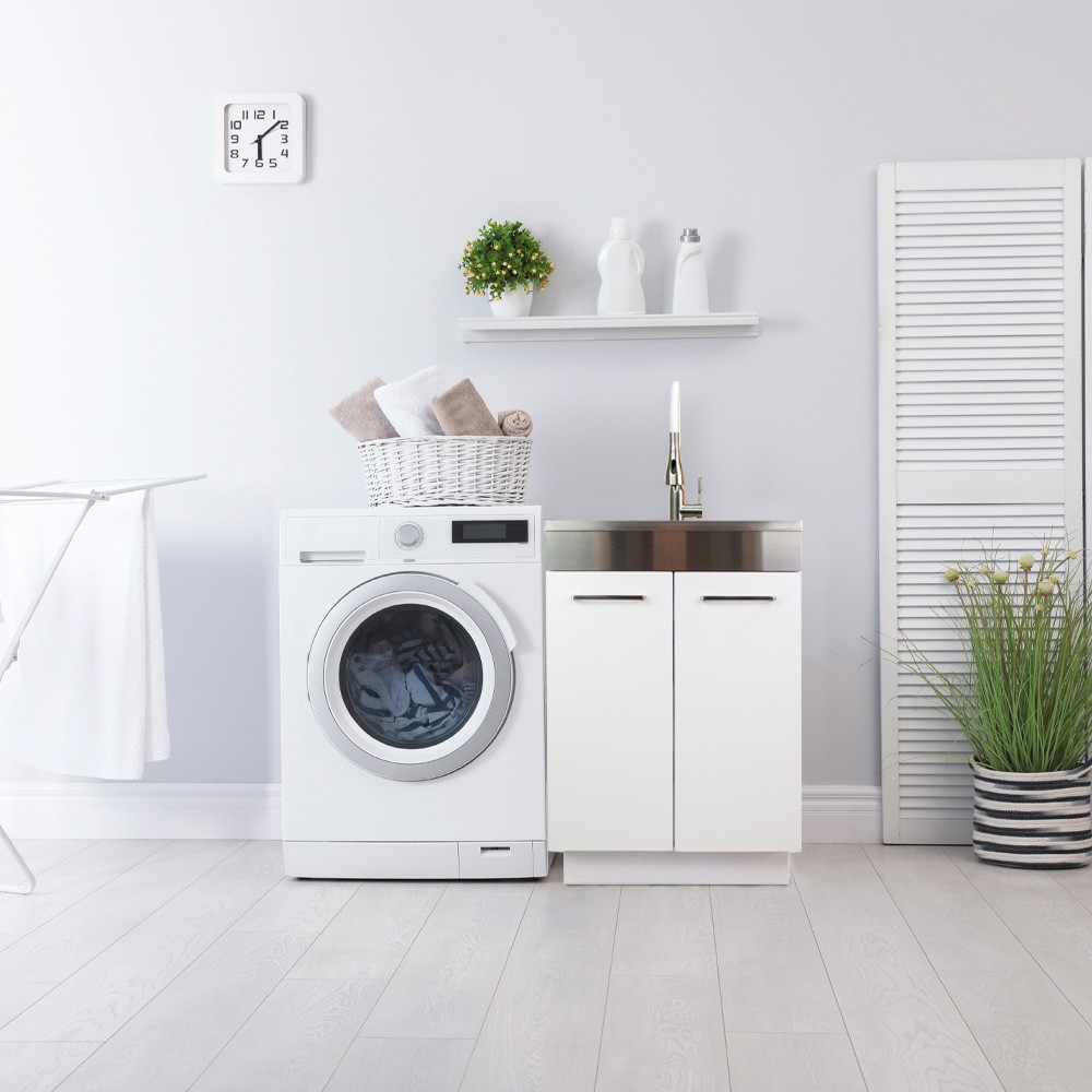 24-in White Laundry Cabinet with 9-in Handmade Stainless Steel Sink, Stainless Steel High Arc Faucet in White