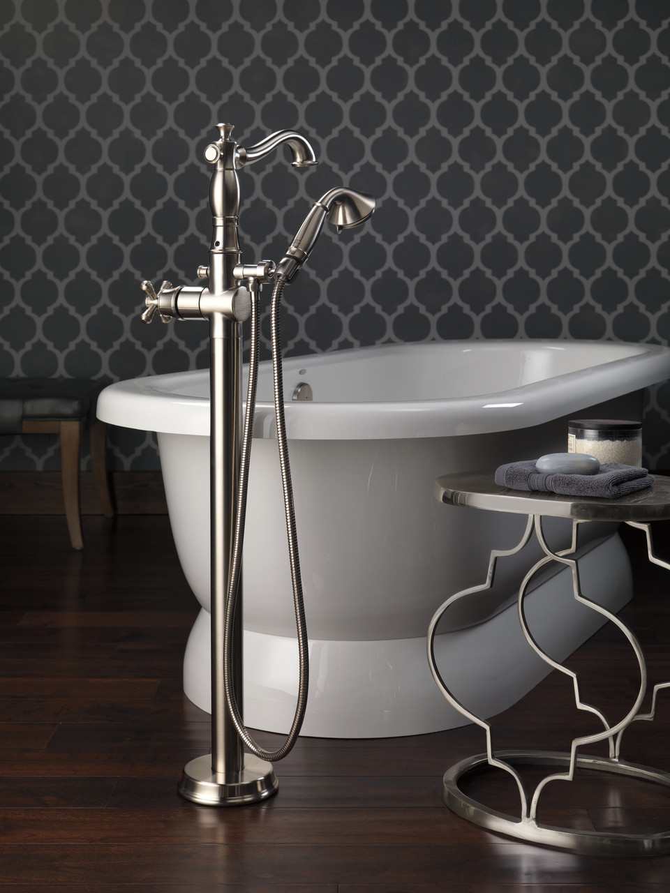 Delta T4797-SSFL-LHP Cassidy Single Handle Floor Mount Tub Filler Trim with Hand Shower Less Handle in Stainless