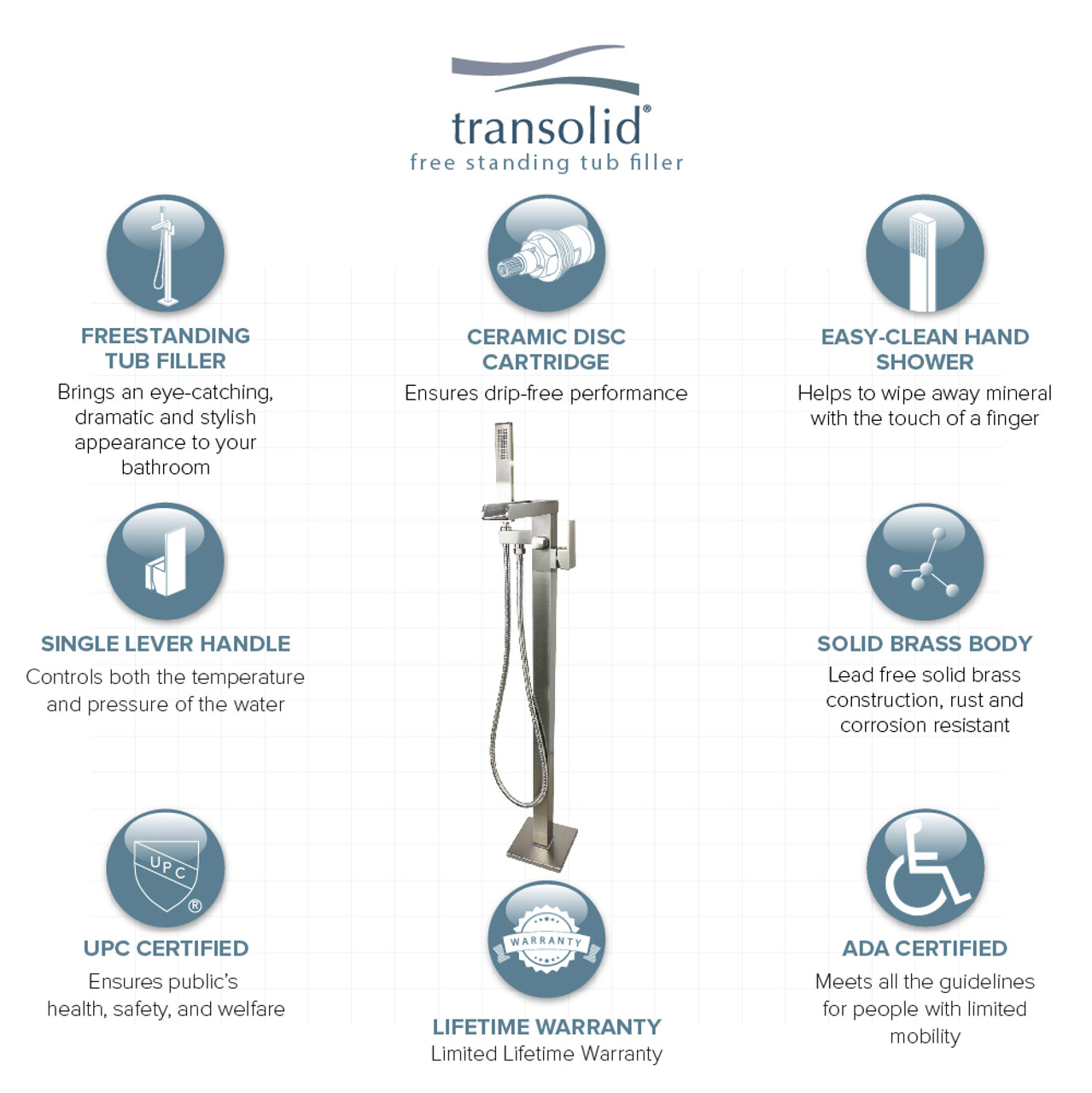 Transolid Roslyn Floor Mounted Tub Filler with Hand Shower, Brushed Nickel
