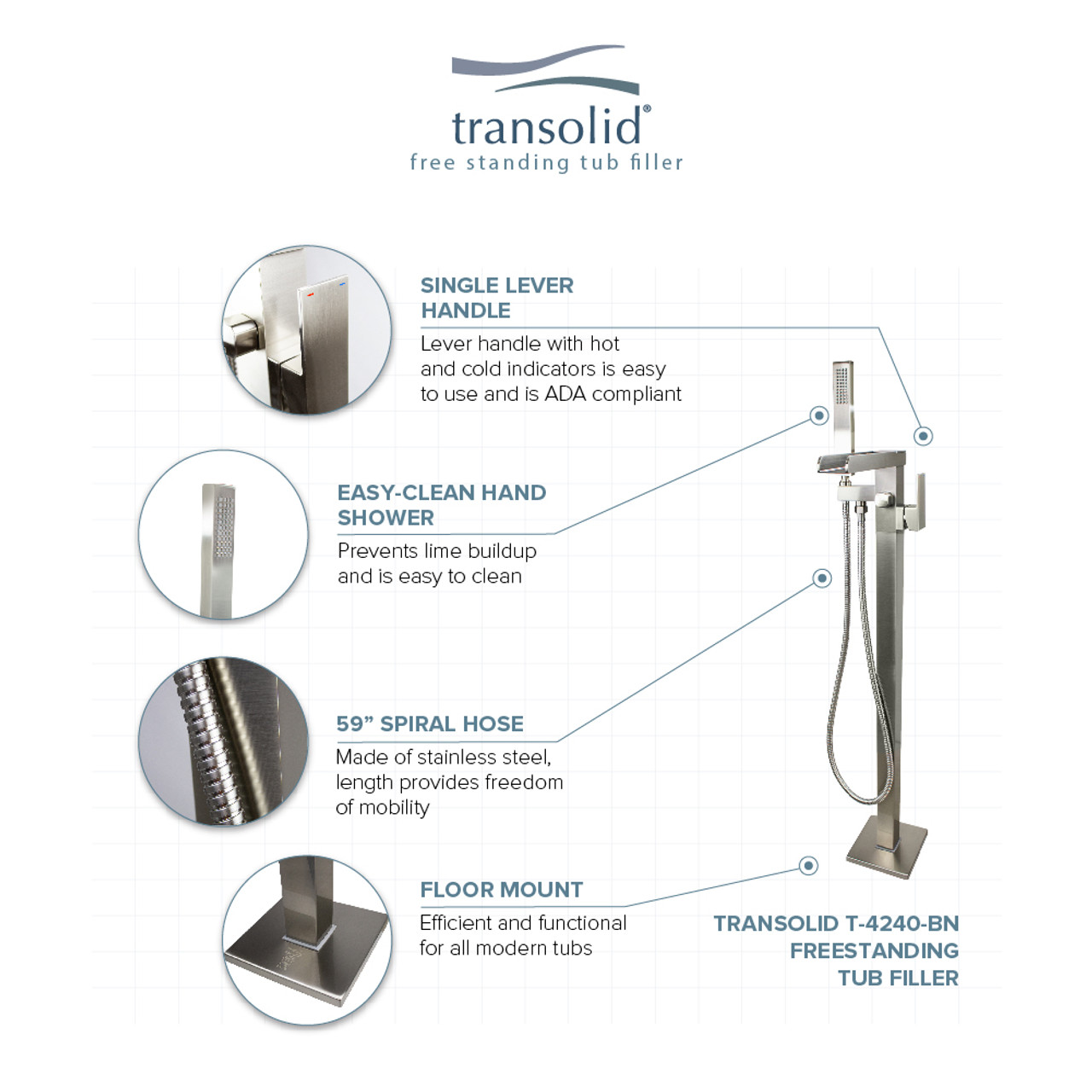 Transolid Roslyn Floor Mounted Tub Filler with Hand Shower, Brushed Nickel