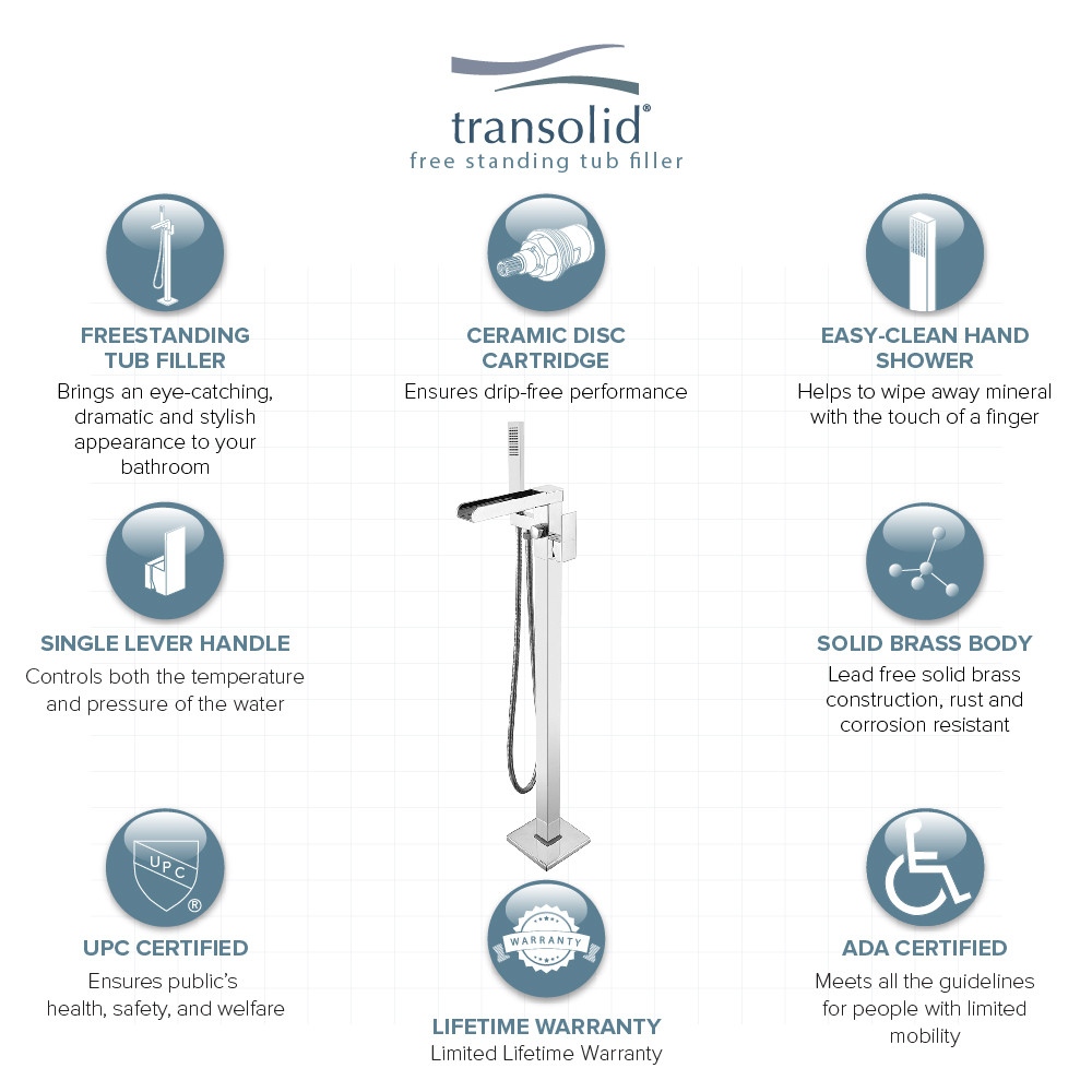 Transolid Roslyn Floor Mounted Tub Filler with Hand Shower, Polished Chrome