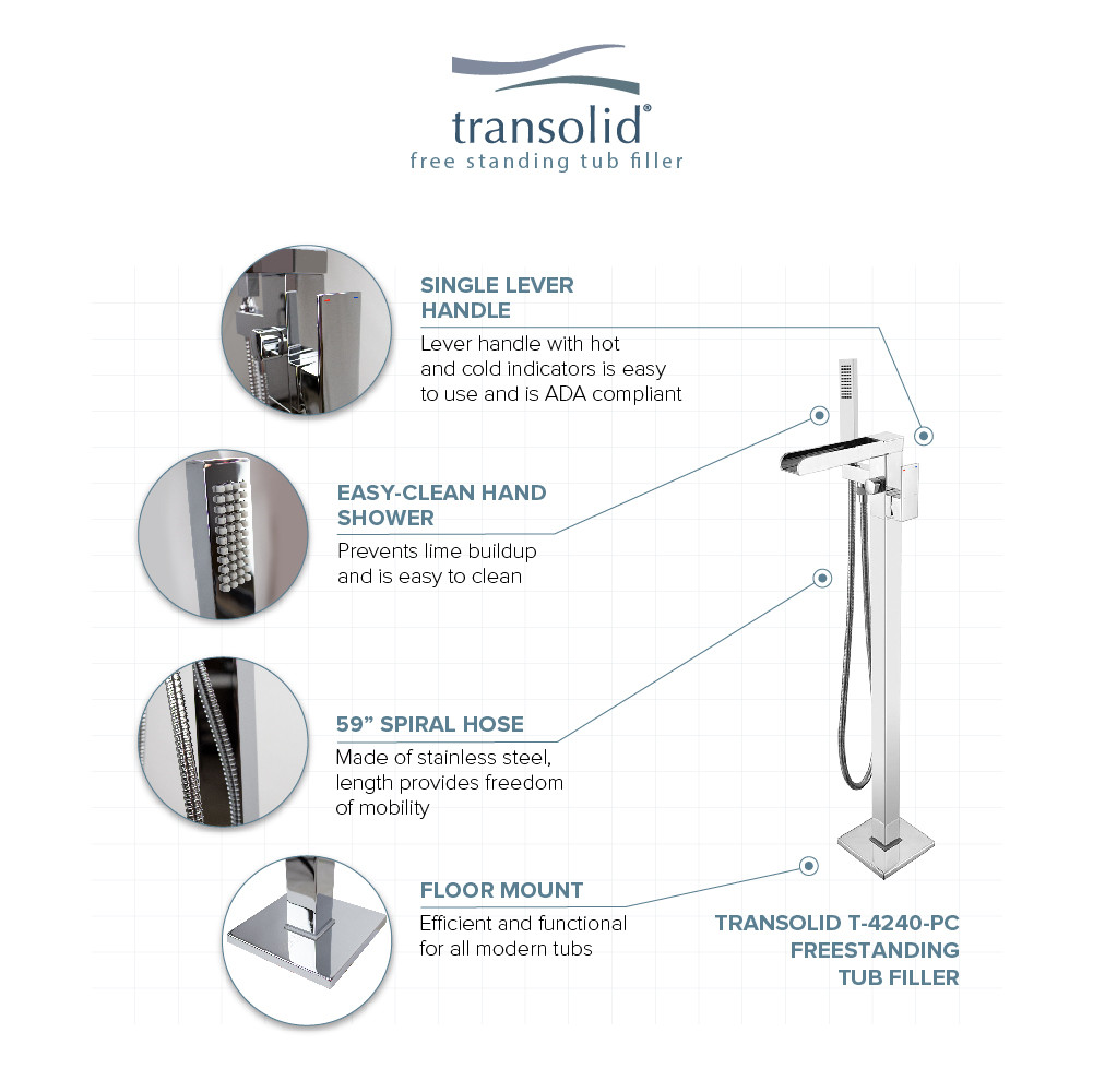 Transolid Roslyn Floor Mounted Tub Filler with Hand Shower, Polished Chrome