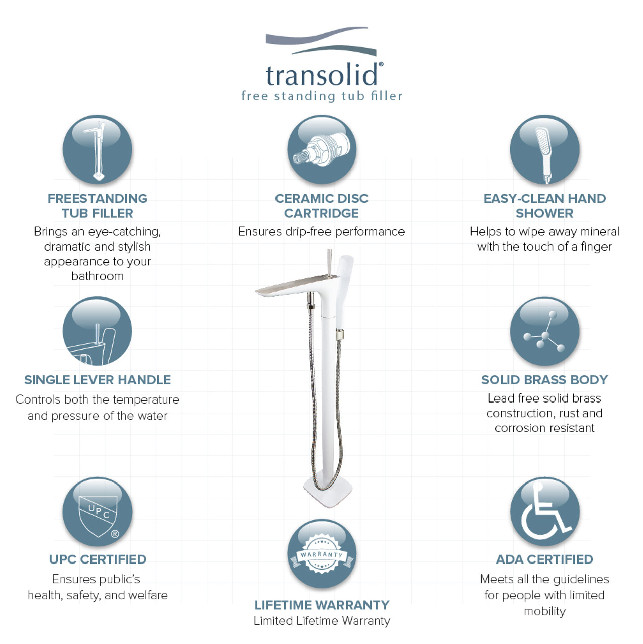 Transolid T4250-WH/BN Blythe Floor Mounted Tub Filler with Hand Shower, White/Brushed Nickel