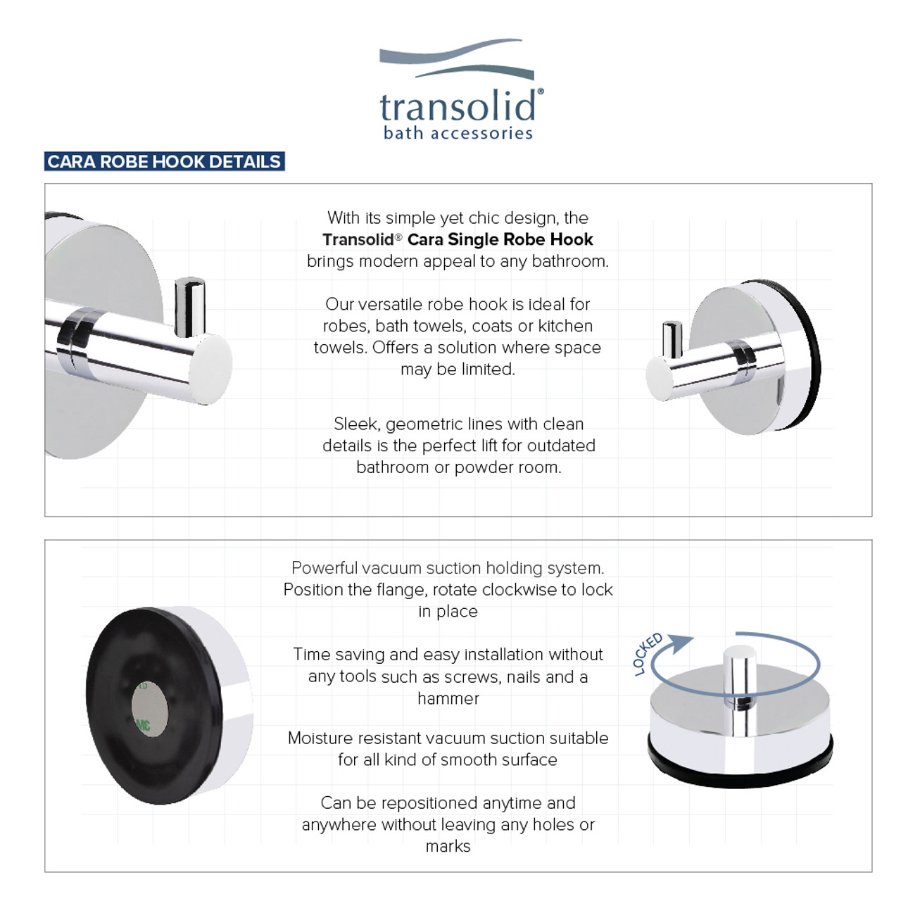 Transolid KA-CAR-4-PC 4-Piece Bathroom Accessory Kit Including a robe hook, a toilet paper holder, a towel ring, and a 24-in towel bar, in Polished Chrome