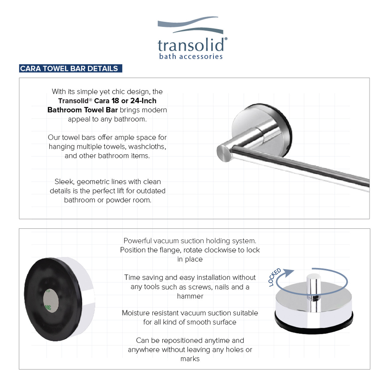 Transolid KA-CAR-4-PC 4-Piece Bathroom Accessory Kit Including a robe hook, a toilet paper holder, a towel ring, and a 24-in towel bar, in Polished Chrome