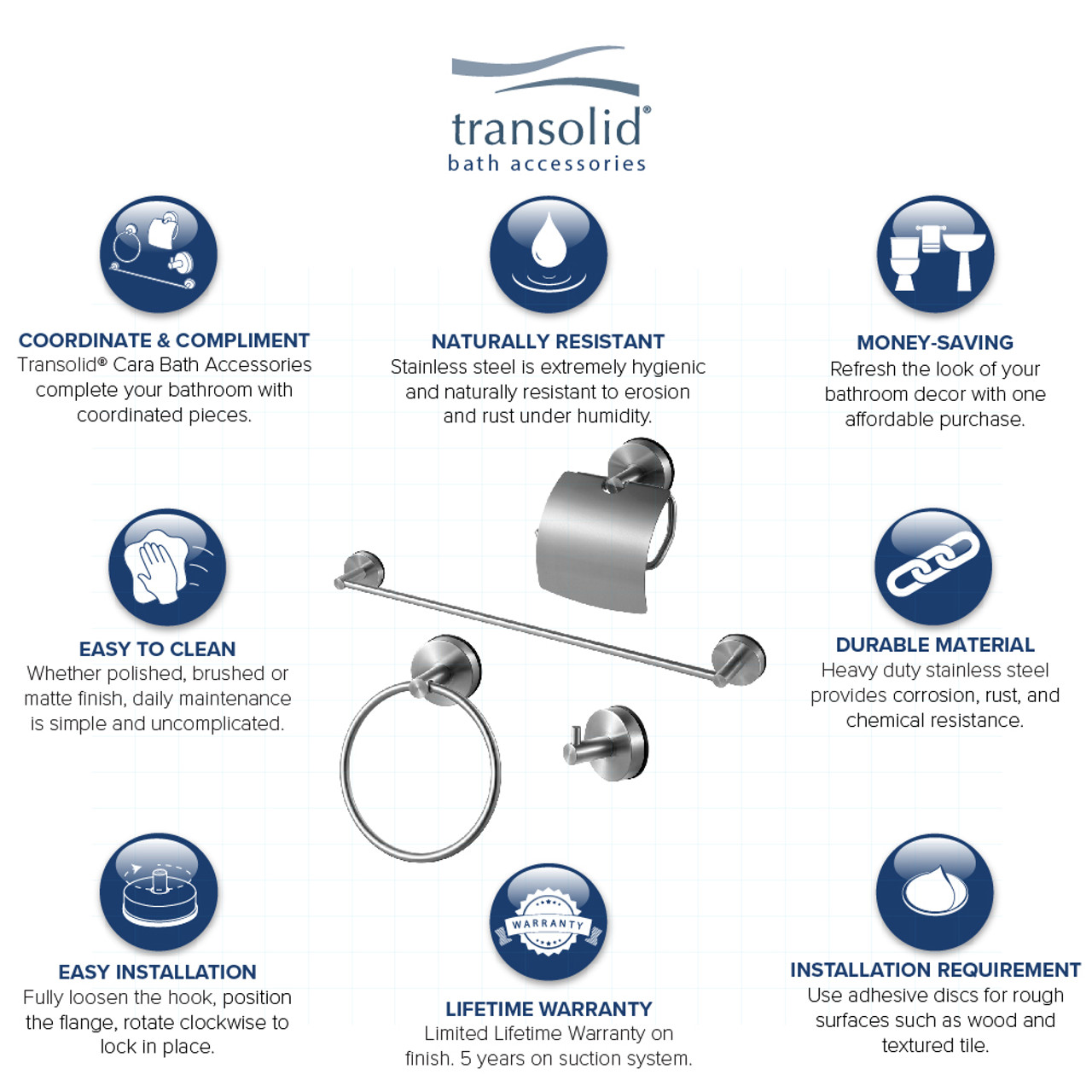 Transolid KA-CAR-4-BS 4-Piece Bathroom Accessory Kit Including a robe hook, a toilet paper holder, a towel ring, and a 24-in towel bar, in Brushed Stainless