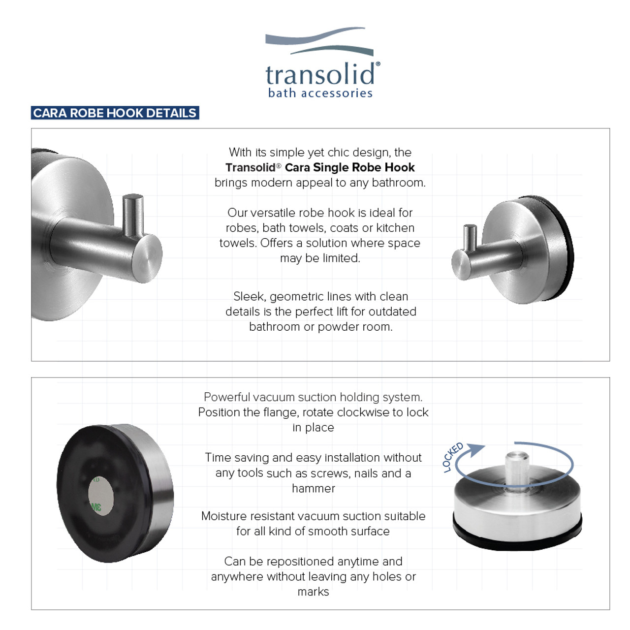 Transolid KA-CAR-4-BS 4-Piece Bathroom Accessory Kit Including a robe hook, a toilet paper holder, a towel ring, and a 24-in towel bar, in Brushed Stainless
