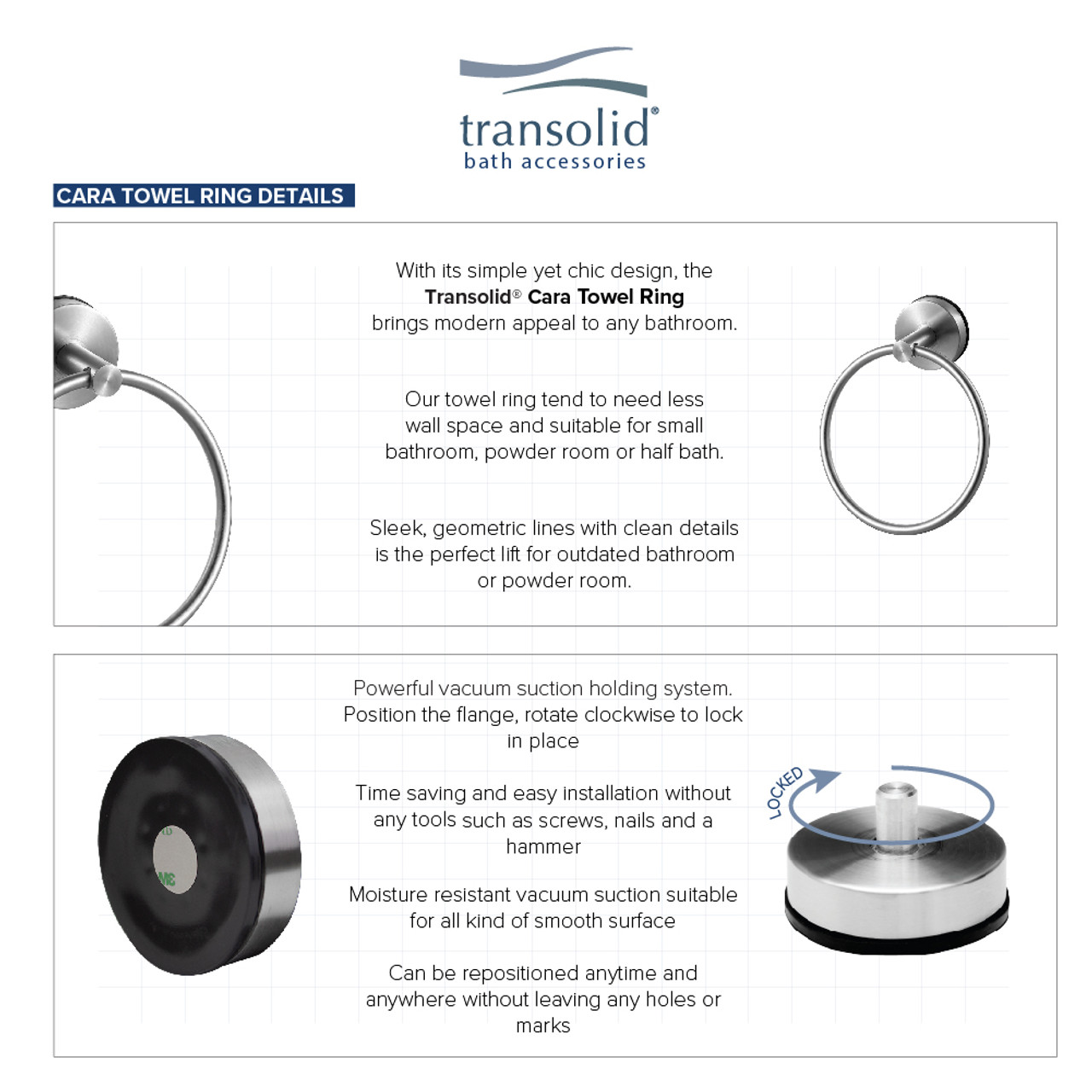 Transolid KA-CAR-4-BS 4-Piece Bathroom Accessory Kit Including a robe hook, a toilet paper holder, a towel ring, and a 24-in towel bar, in Brushed Stainless