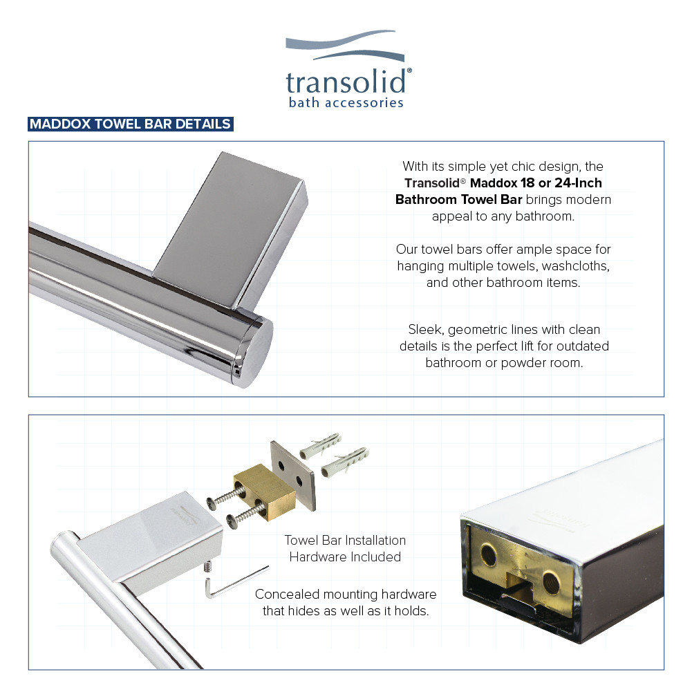 4-Piece Bathroom Accessory Kit Including a robe hook, a toilet paper holder, a towel ring, and a 24-in towel bar, in Polished Chrome