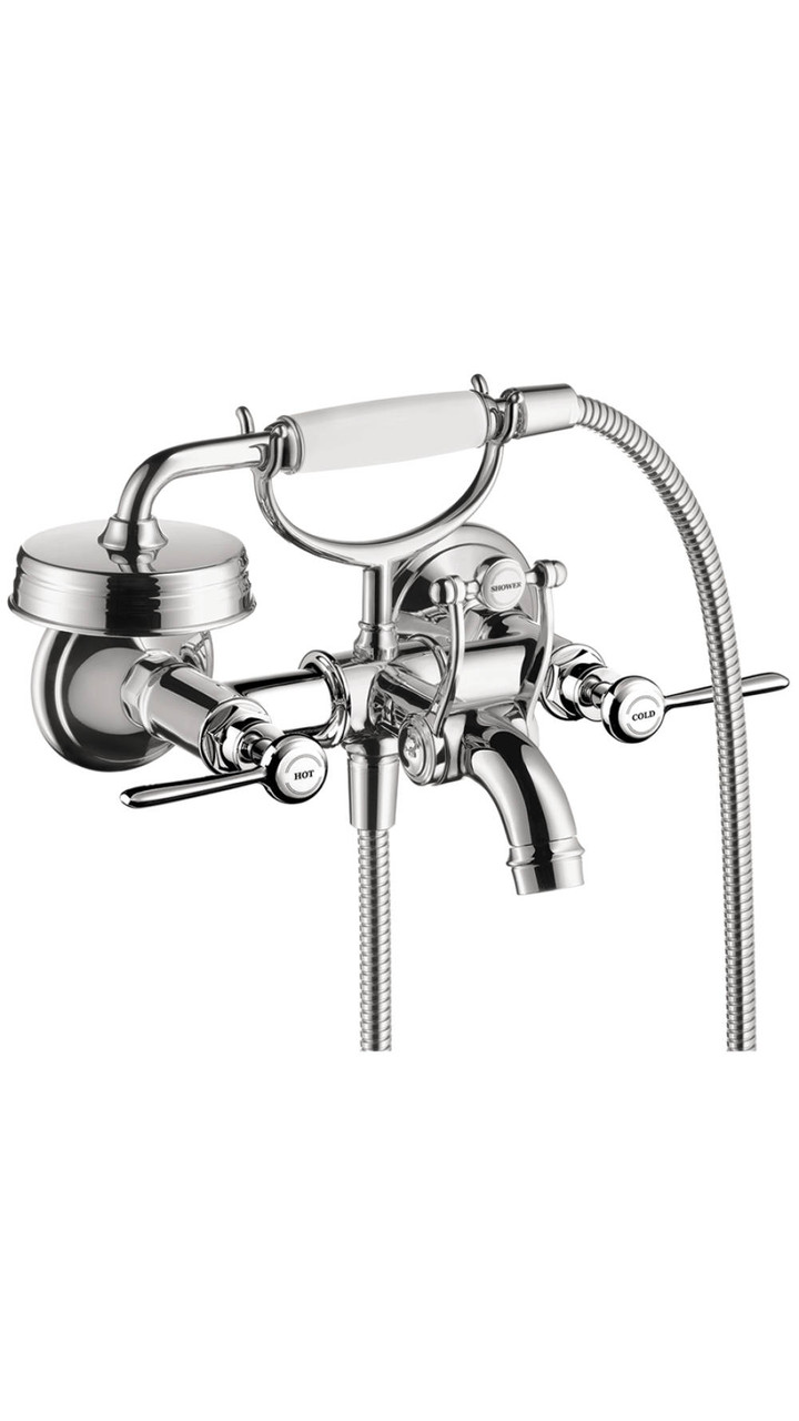 2-Handle Wall-Mounted Tub Filler with Lever Handles and Handshower in Chrome 2-Handle Wall-Mounted Tub Filler with Lever Handles and Handshower in Chrome