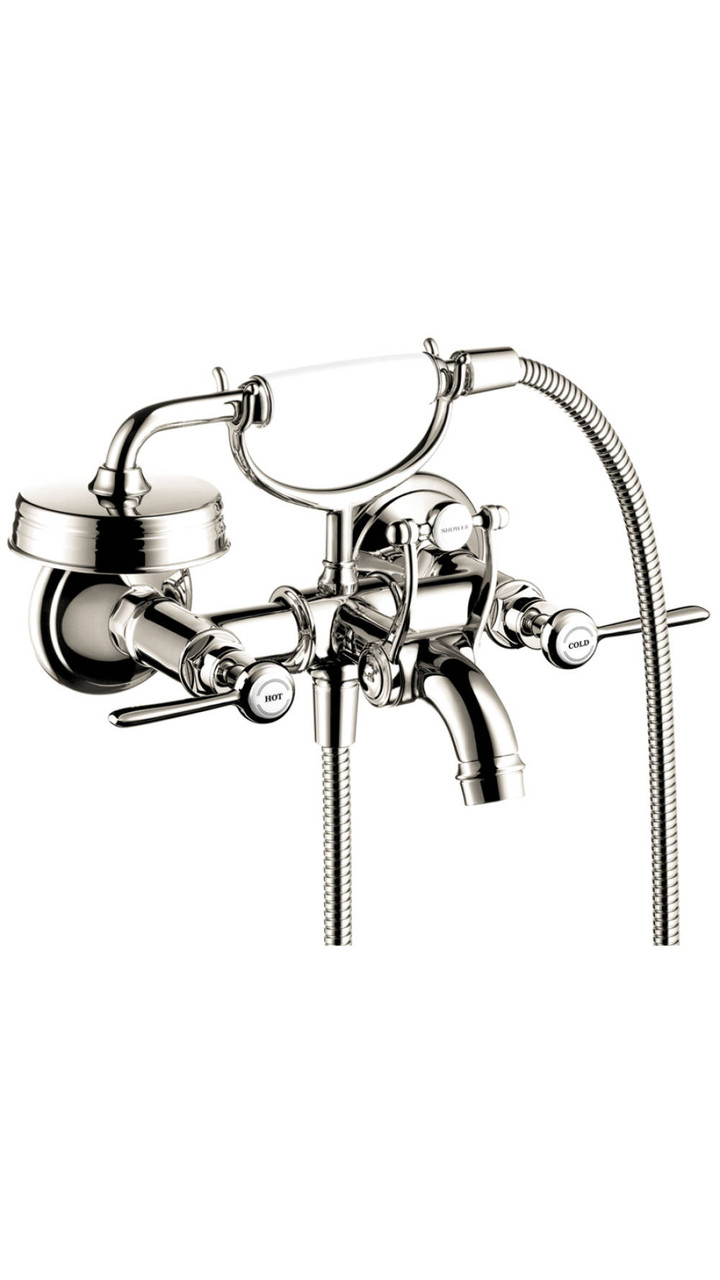 2-Handle Wall-Mounted Tub Filler with Lever Handles and Handshower in Polished Nickel