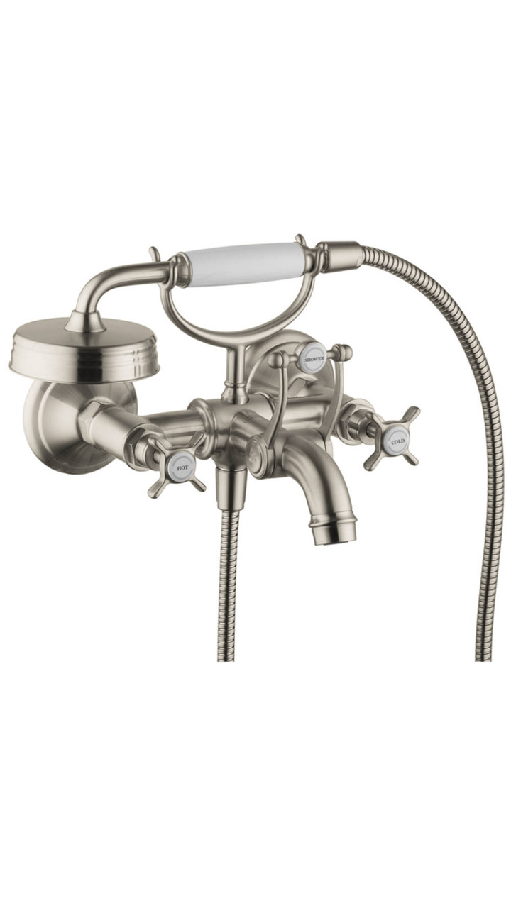 2-Handle Wall-Mounted Tub Filler with Cross Handles and Handshower in Brushed Nickel 2-Handle Wall-Mounted Tub Filler with Cross Handles and Handshower in Brushed Nickel