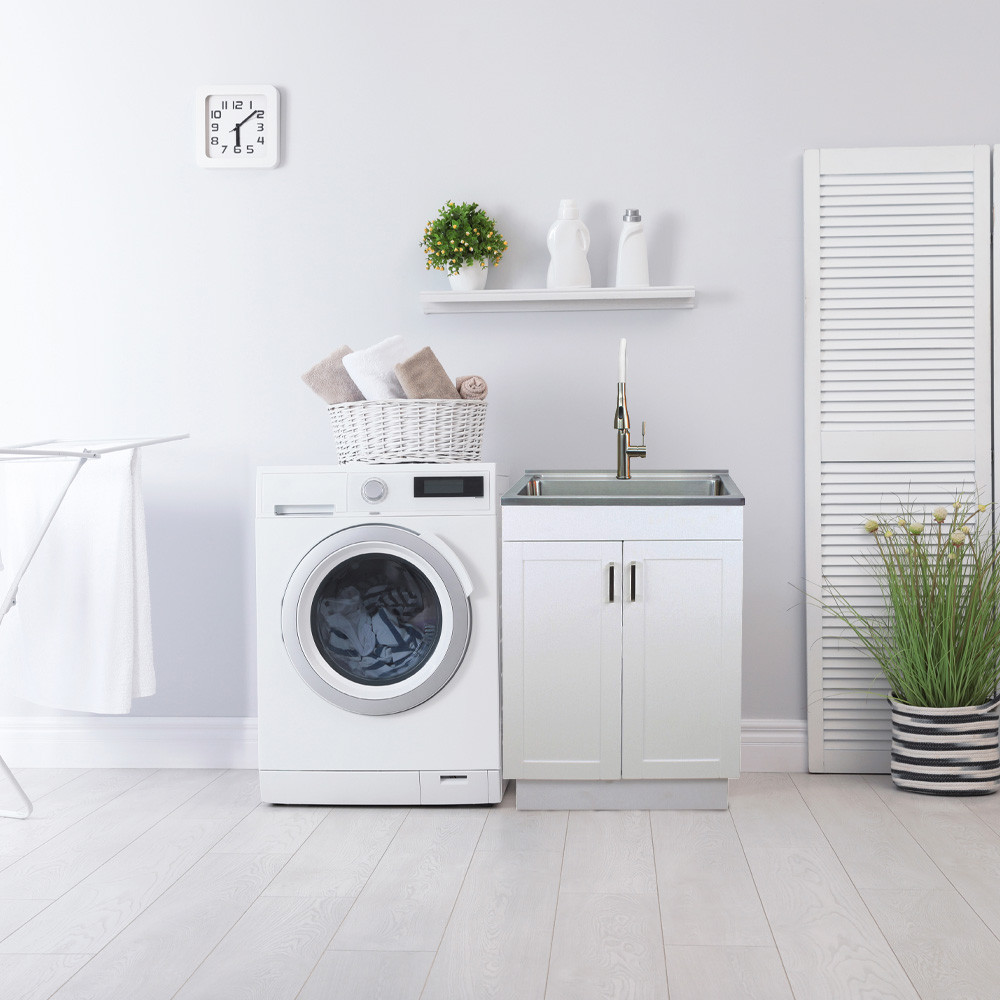 24-in White Laundry Cabinet with Pull-Out Basket, Stainless Steel Sink, and Stainless Steel High Arc Faucet