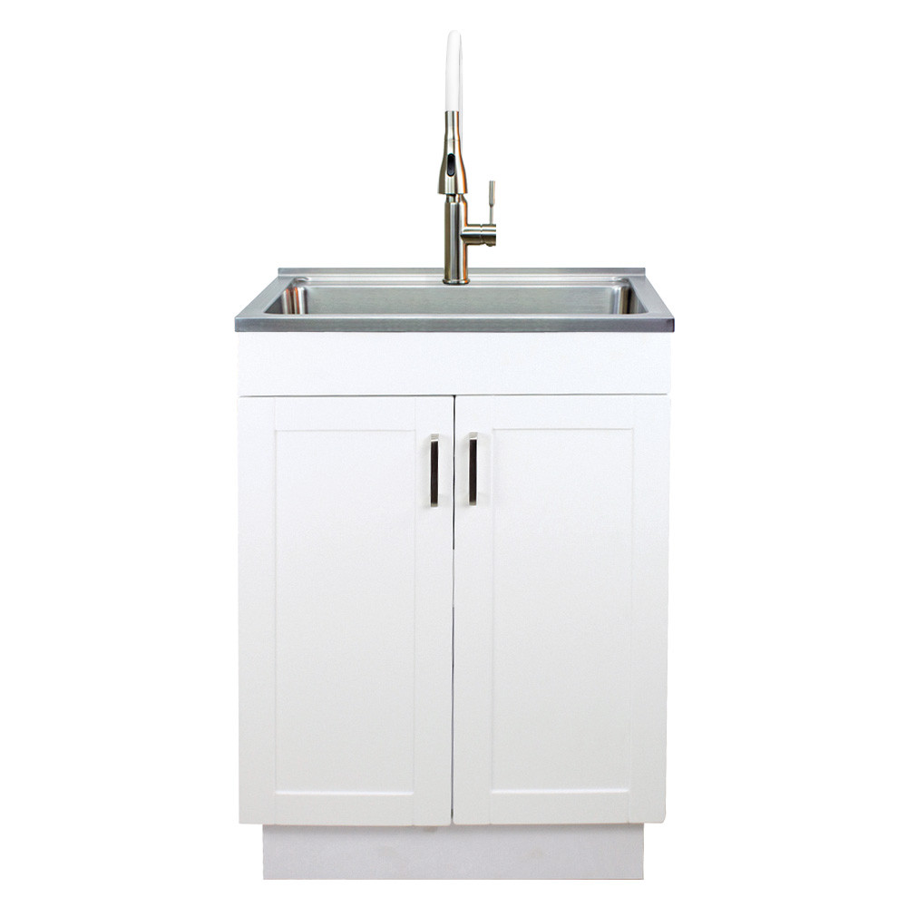24-in White Laundry Cabinet with Pull-Out Basket, Stainless Steel Sink, and Stainless Steel High Arc Faucet