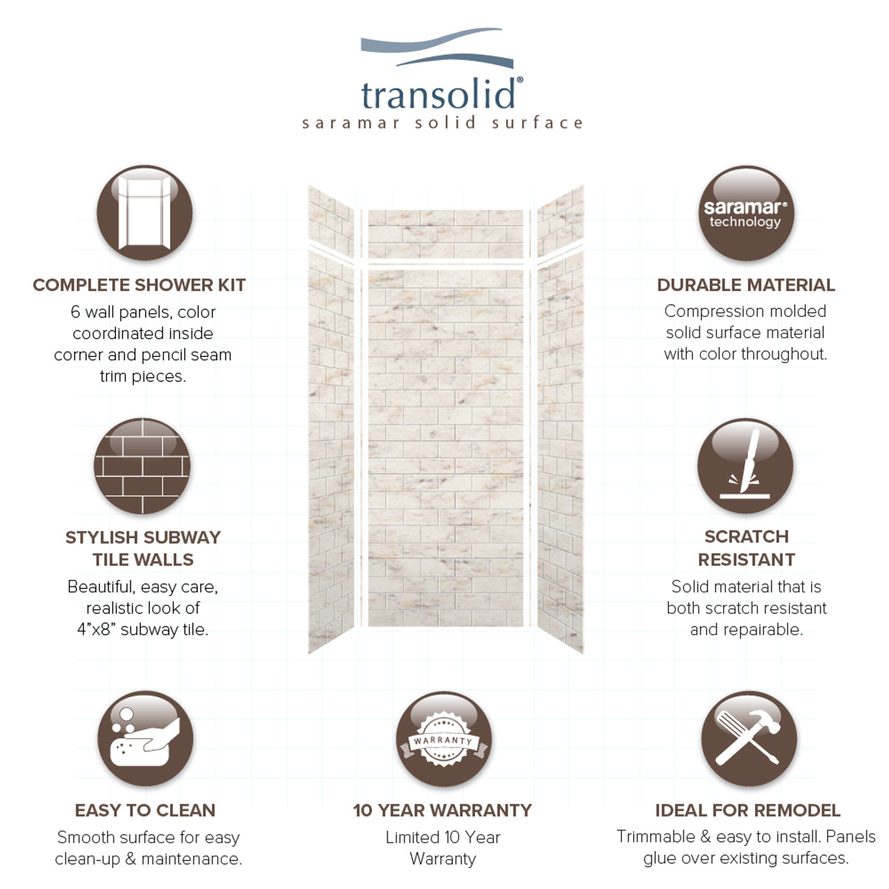 Transolid SWKX36368412-48 SaraMar 36-in x 36-in x 96-in Glue to Wall 6-Piece Shower Wall Trimmable Kit with Extension, Biscotti Marble