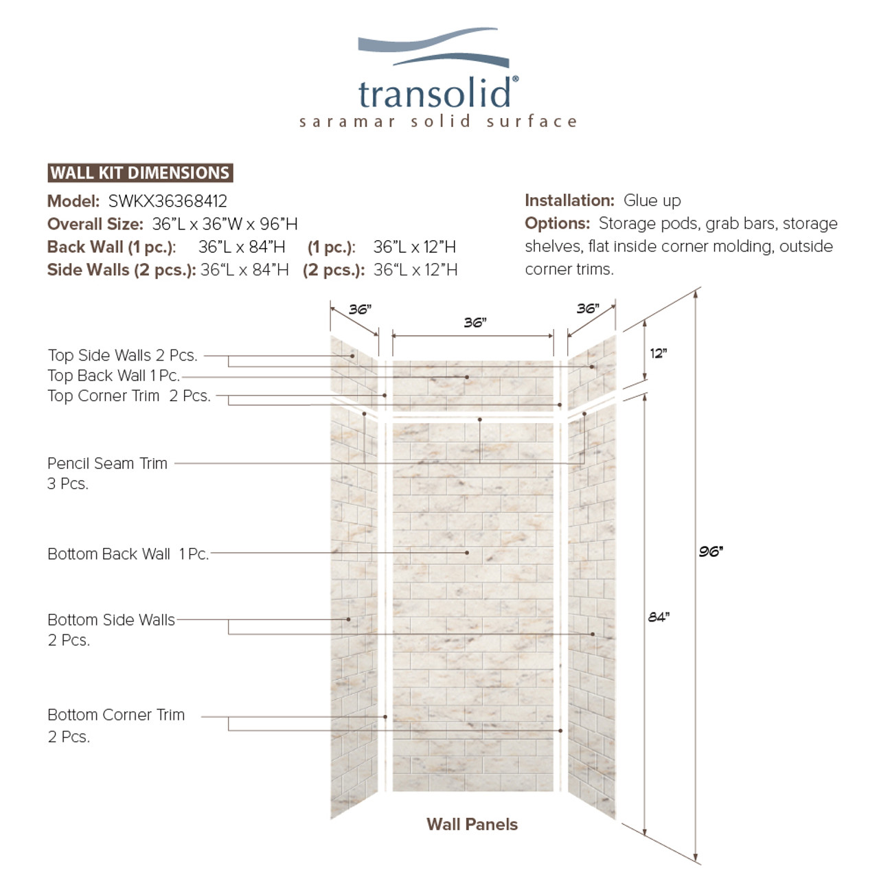 Transolid SWKX36368412-48 SaraMar 36-in x 36-in x 96-in Glue to Wall 6-Piece Shower Wall Trimmable Kit with Extension, Biscotti Marble