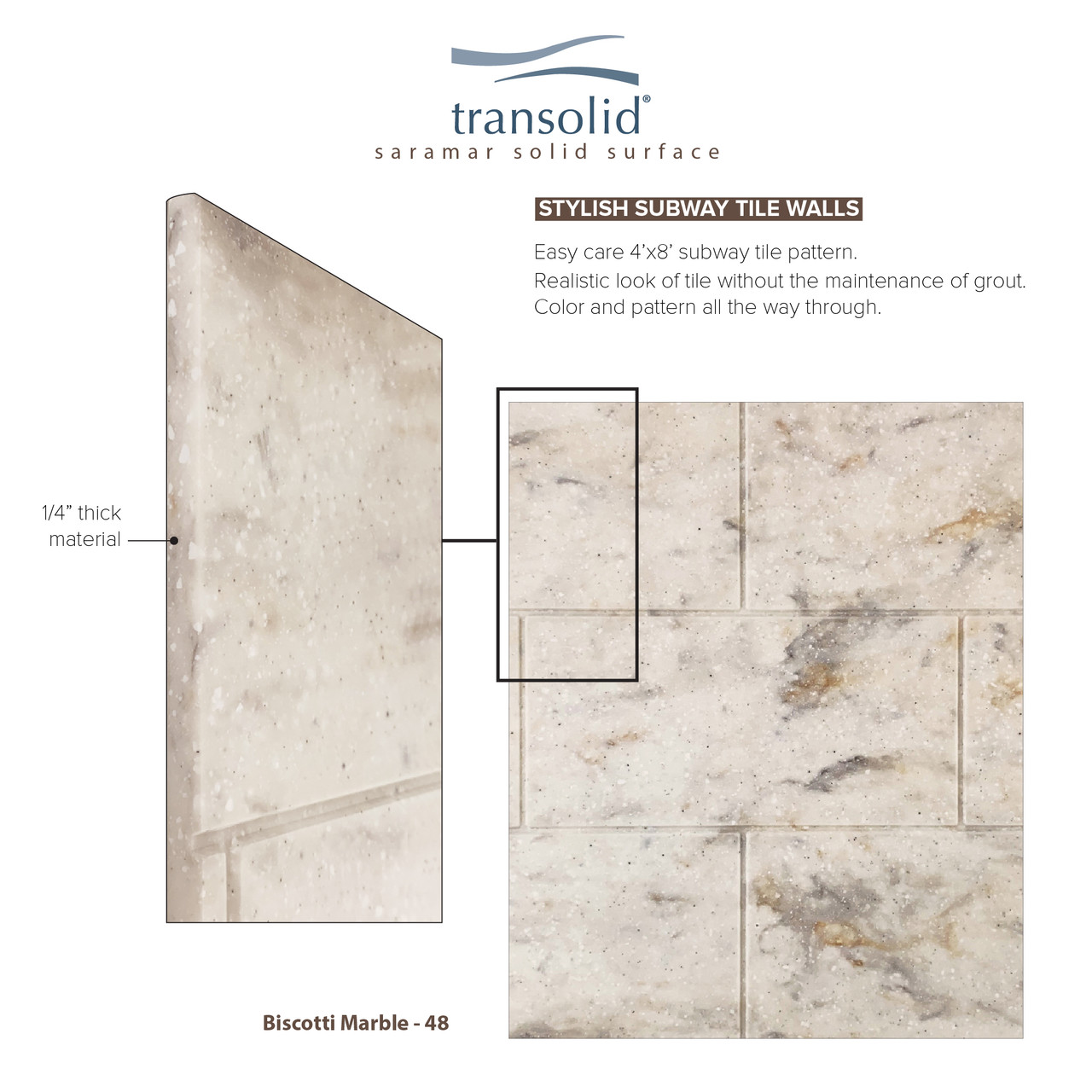 Transolid SWKX36368412-48 SaraMar 36-in x 36-in x 96-in Glue to Wall 6-Piece Shower Wall Trimmable Kit with Extension, Biscotti Marble