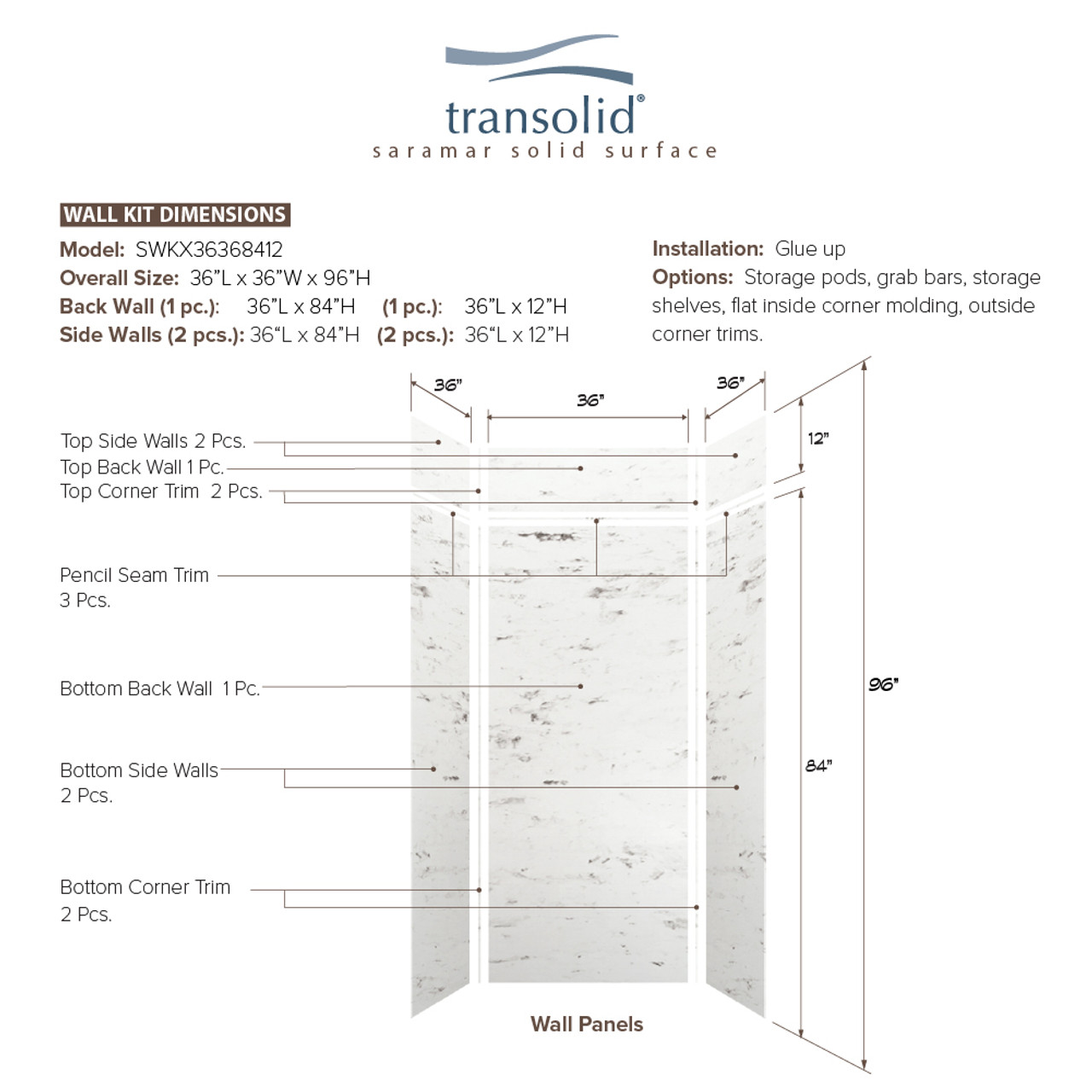 Transolid SWKX36368412-47V SaraMar 36-in x 36-in x 96-in Glue to Wall 6-Piece Shower Wall Trimmable Kit with Extension, White Venito Velvet