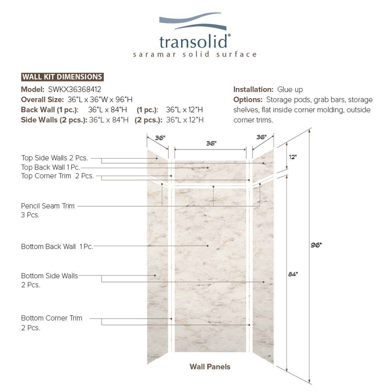 Transolid SWKX36368412-48V SaraMar 36-in x 36-in x 96-in Glue to Wall 6-Piece Shower Wall Trimmable Kit with Extension, Biscotti Marble Velvet