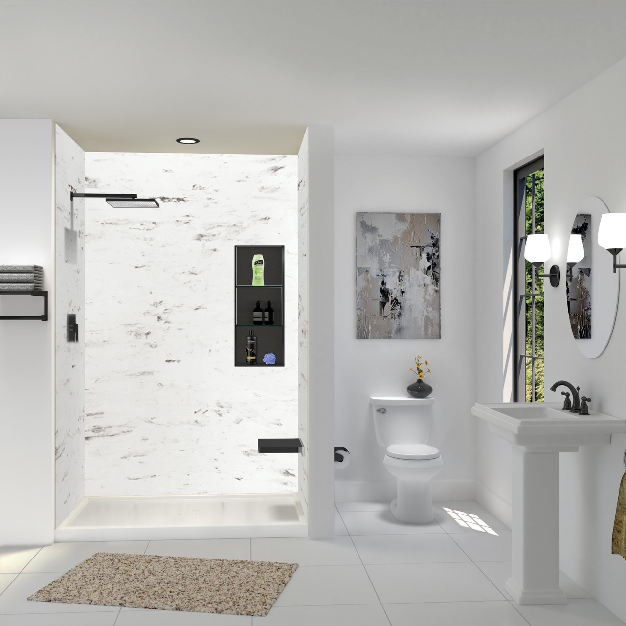 Transolid SWK603696-47V SaraMar 60-in x 36-in x 96-in Glue to Wall 3-Piece Shower Wall Trimmable Kit, White Venito Velvet