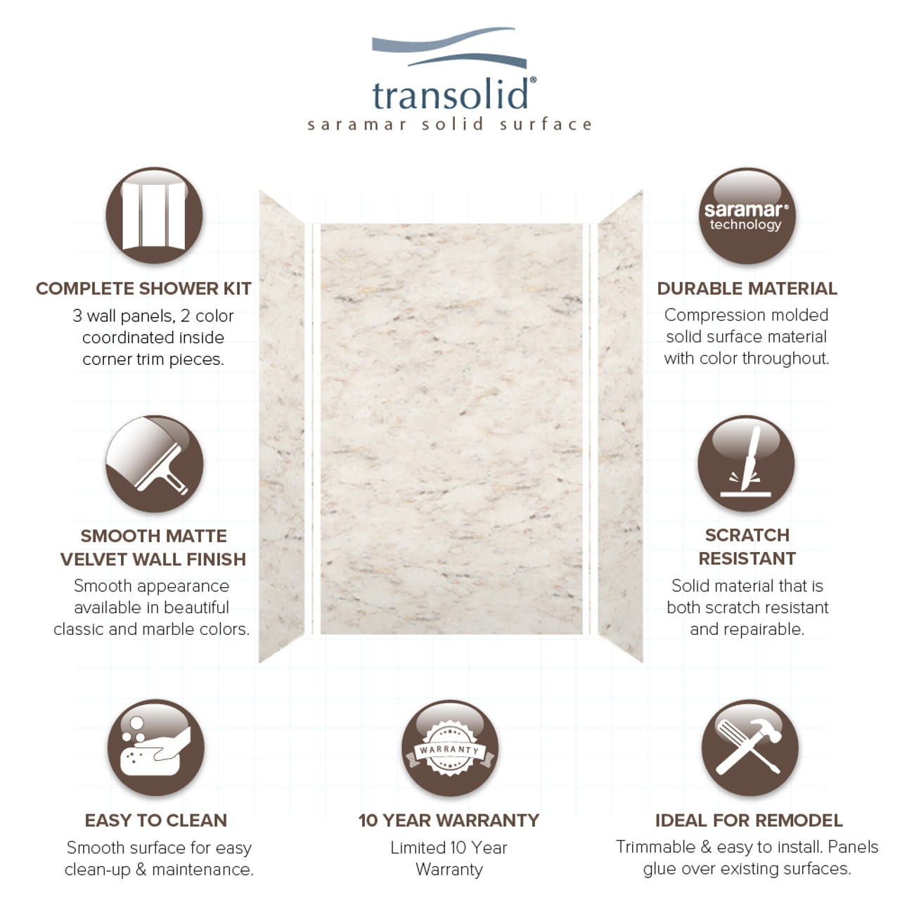 Transolid SWK603696-48V SaraMar 60-in x 36-in x 96-in Glue to Wall 3-Piece Shower Wall Trimmable Kit, Biscotti Marble Velvet
